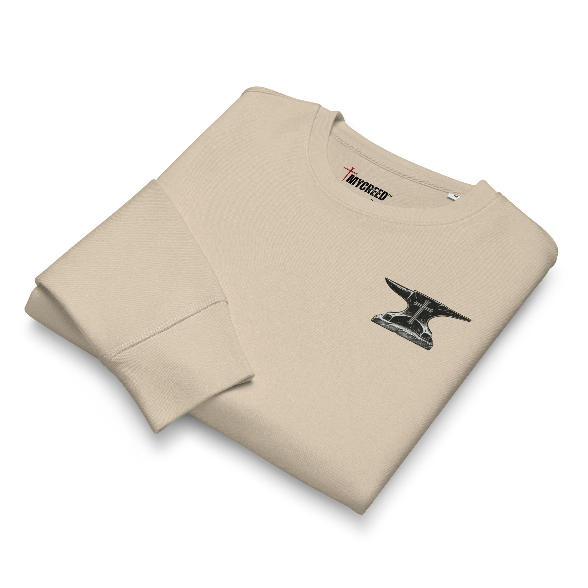 Folded dust sweatshirt flat lay with chest emblem visible by MyCreed™