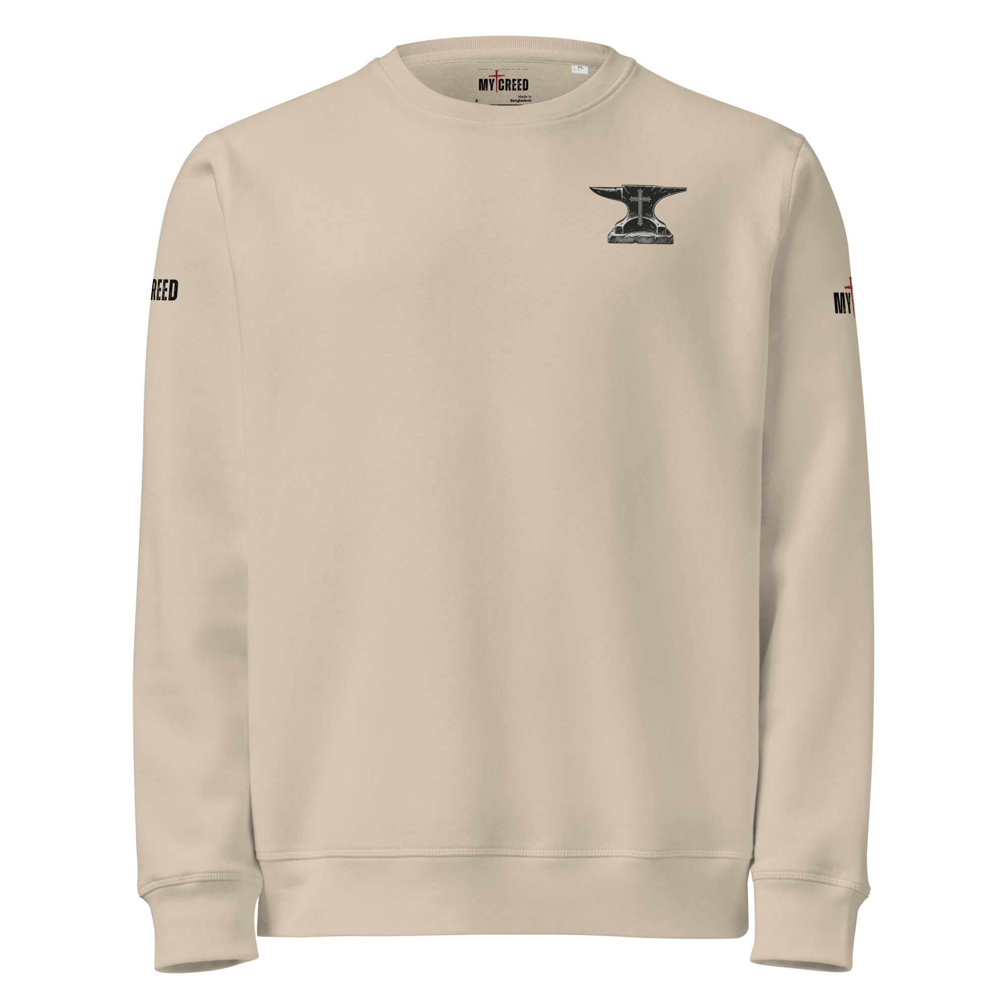 Dust color sweatshirt front view with small chest emblem by MyCreed™