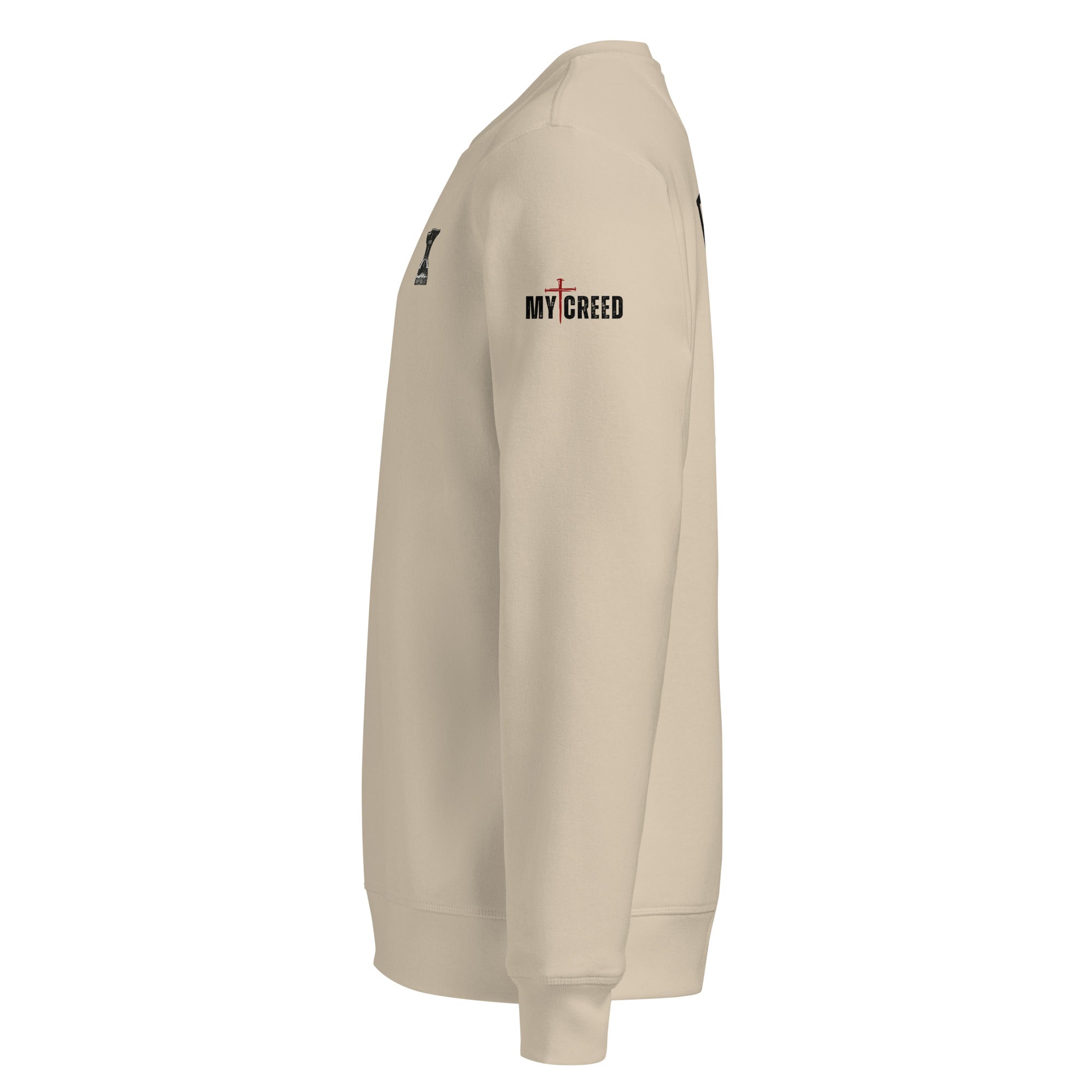 Side view of dust crewneck sweatshirt with sleeve print detail by MyCreed™