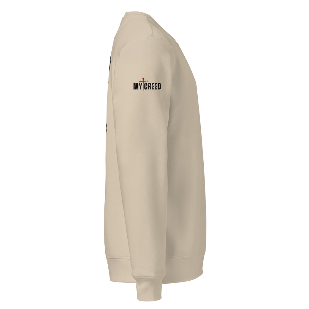 Side view of dust crewneck sweatshirt with sleeve print detail by MyCreed™