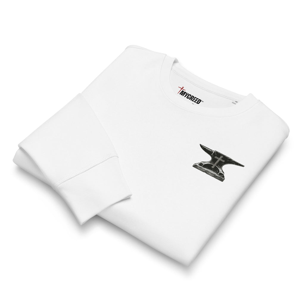 Folded white sweatshirt flat lay with chest emblem detail by MyCreed™