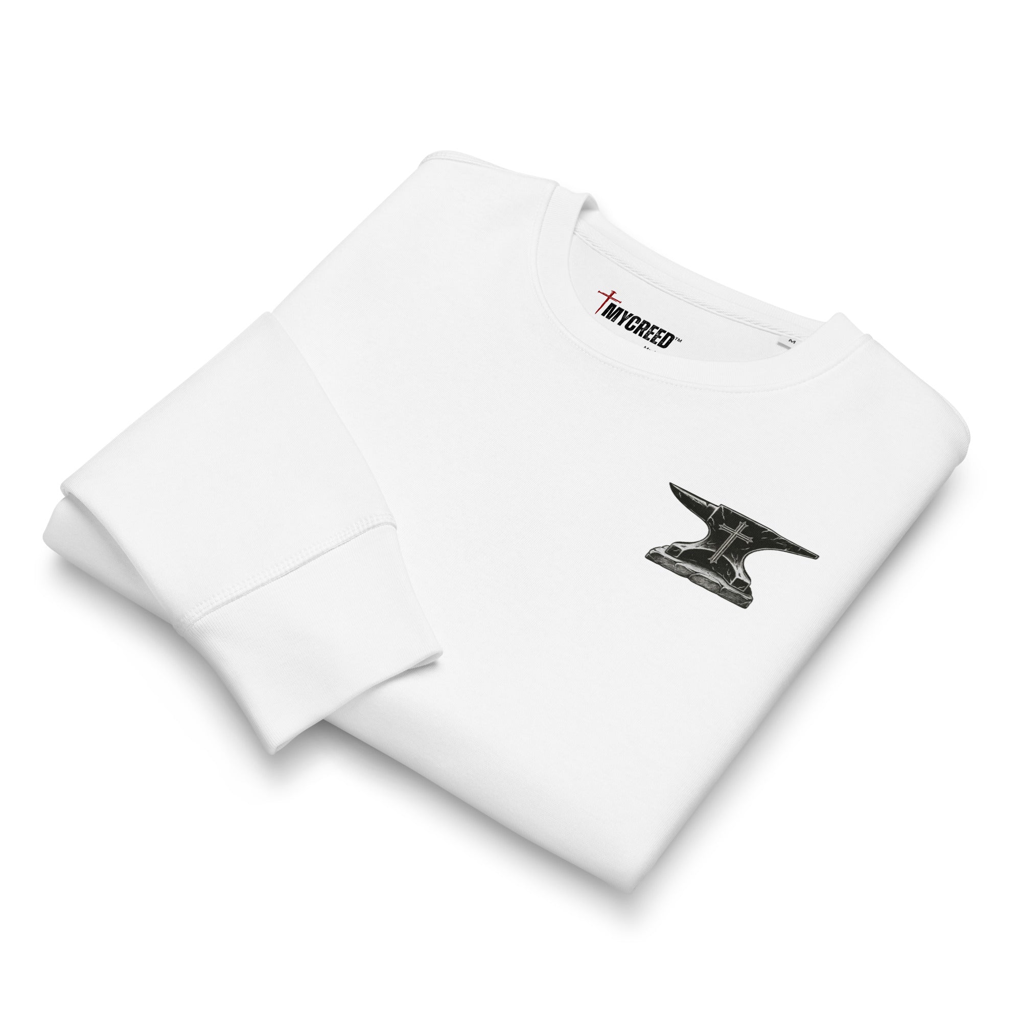 Folded white sweatshirt flat lay with chest emblem detail by MyCreed™