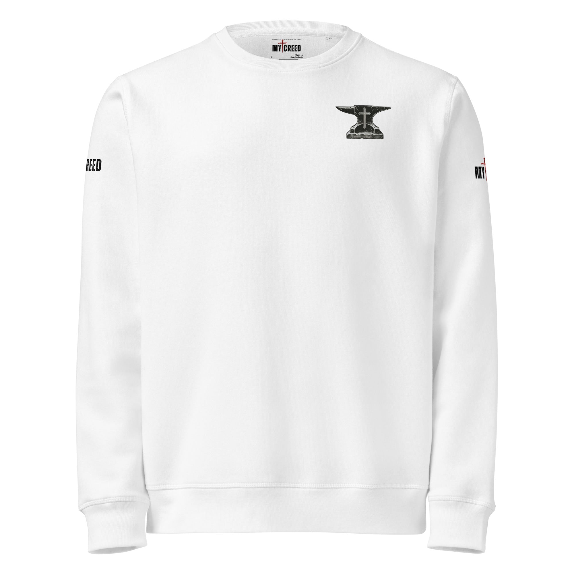 White Stanley/Stella sweatshirt front view with minimal chest emblem by MyCreed™