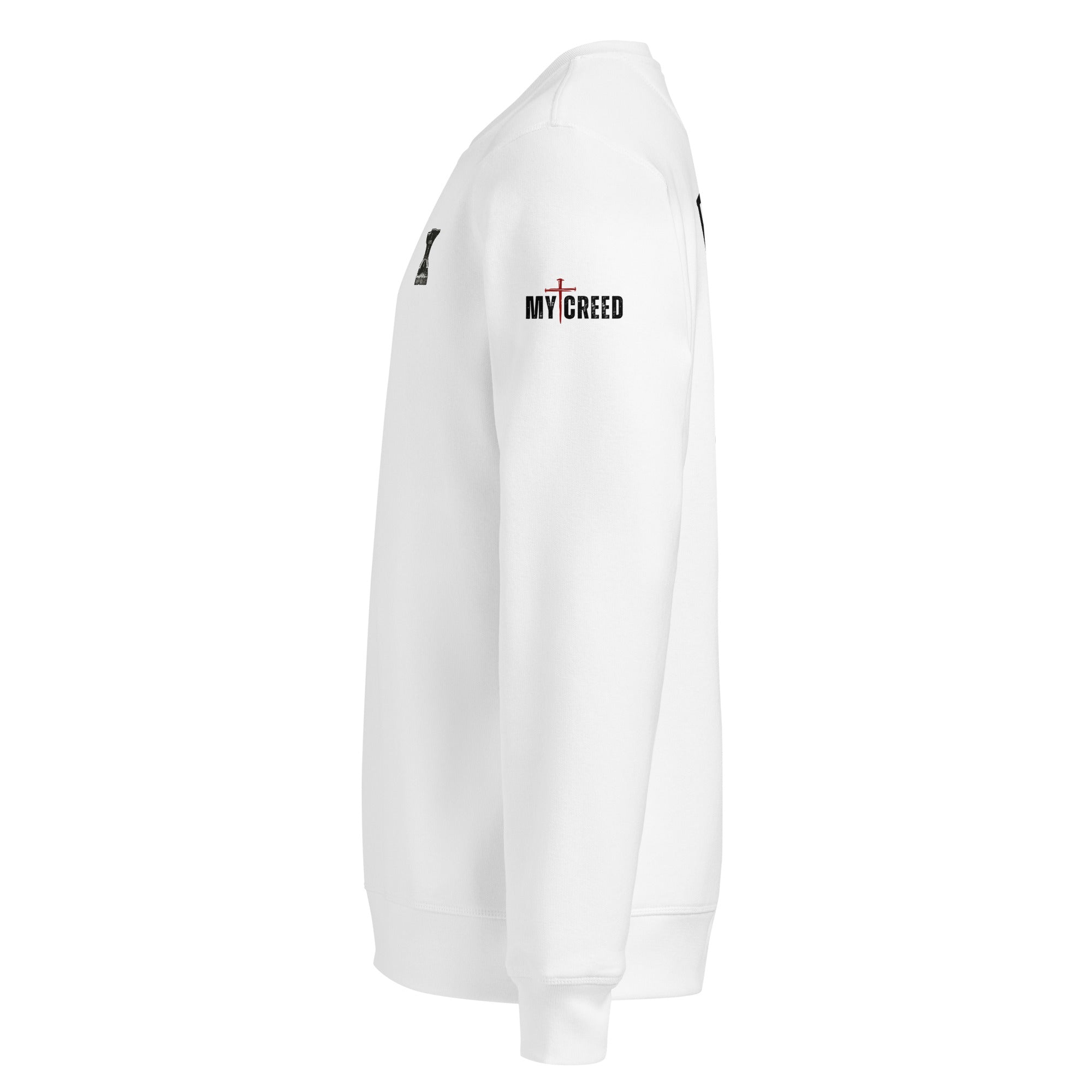 Side profile of white crewneck sweatshirt with sleeve print detail by MyCreed™