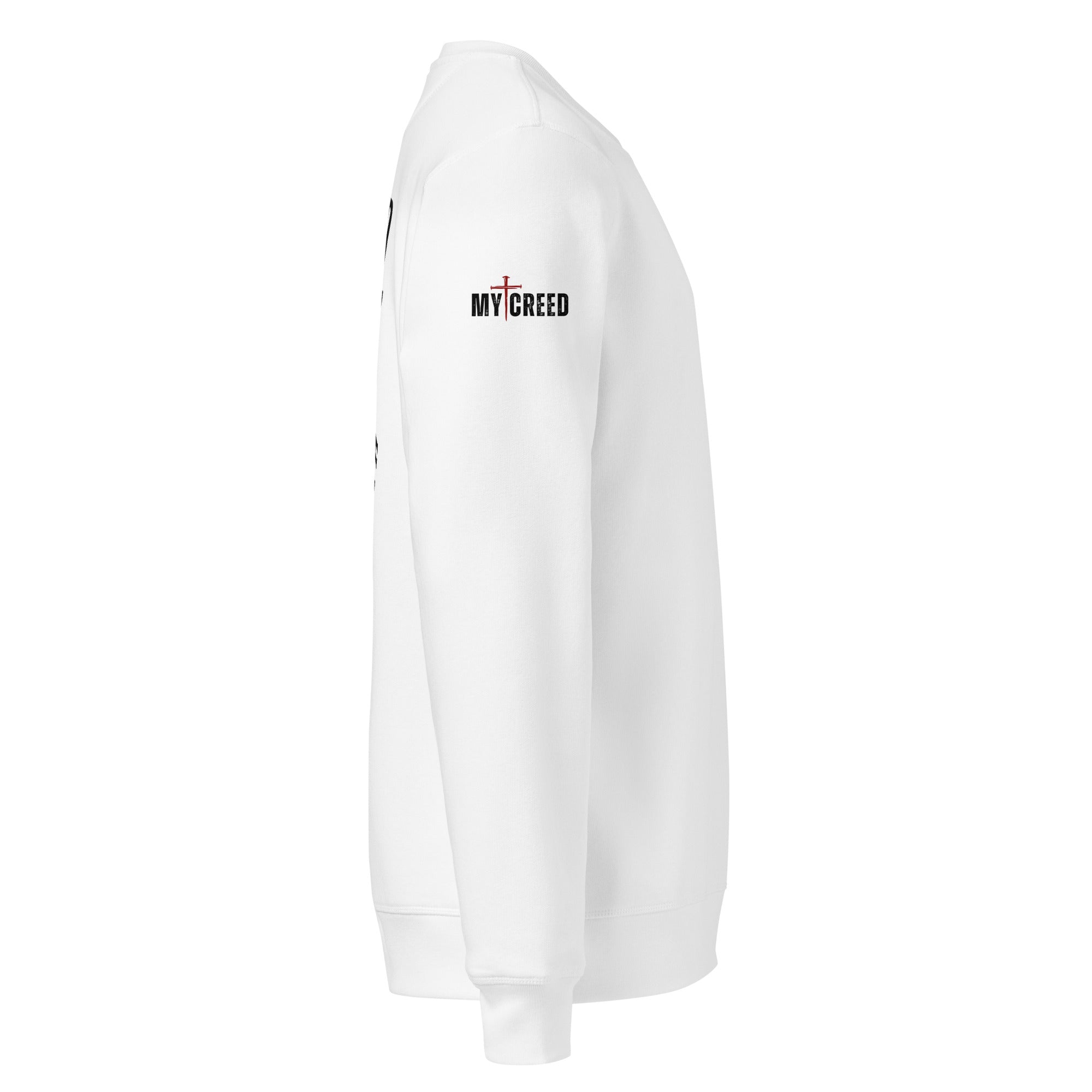 Side profile of white crewneck sweatshirt with sleeve print detail by MyCreed™
