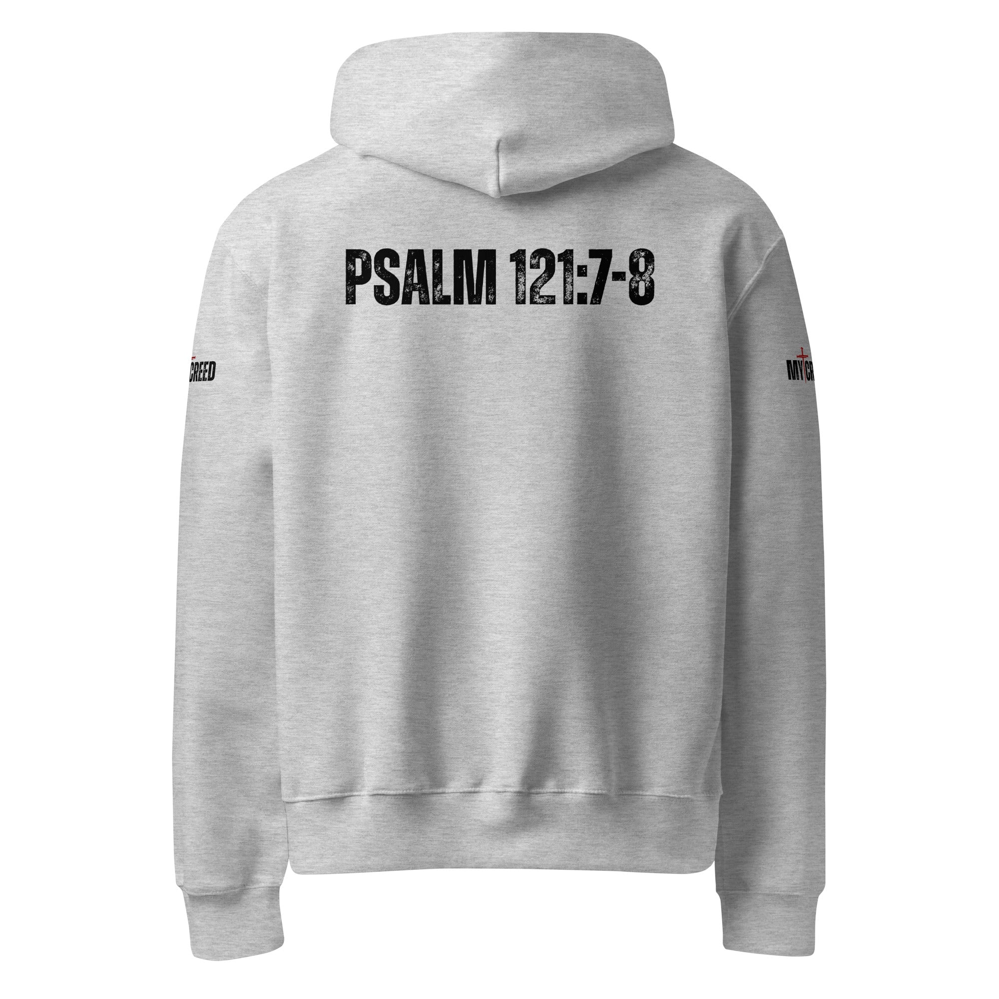 Back view of athletic heather hoodie with Psalm 121:7–8 typography across upper back, by MyCreed™