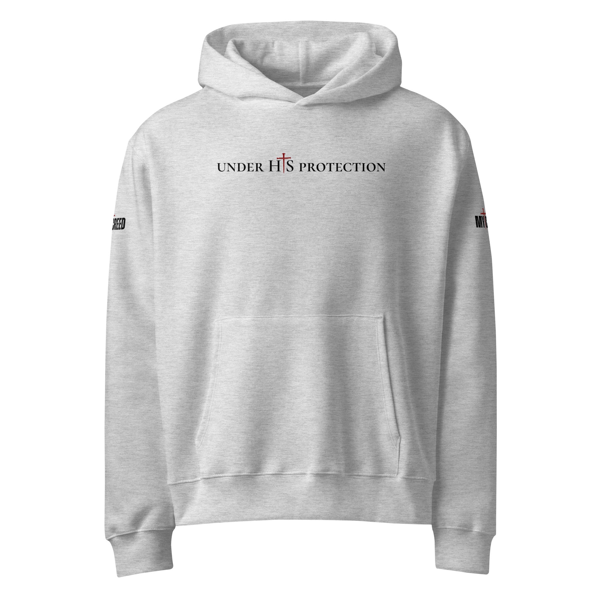 Athletic heather unisex hoodie front view featuring “Under His Protection” scripture text, by MyCreed™