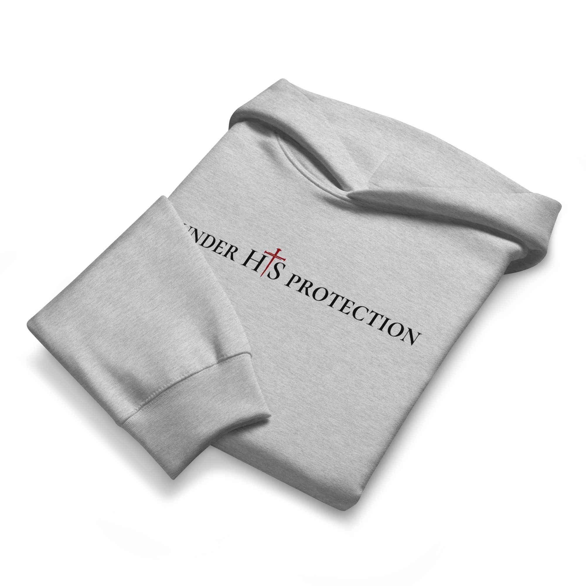 Folded athletic heather hoodie showing chest scripture text and hood construction detail, by MyCreed™