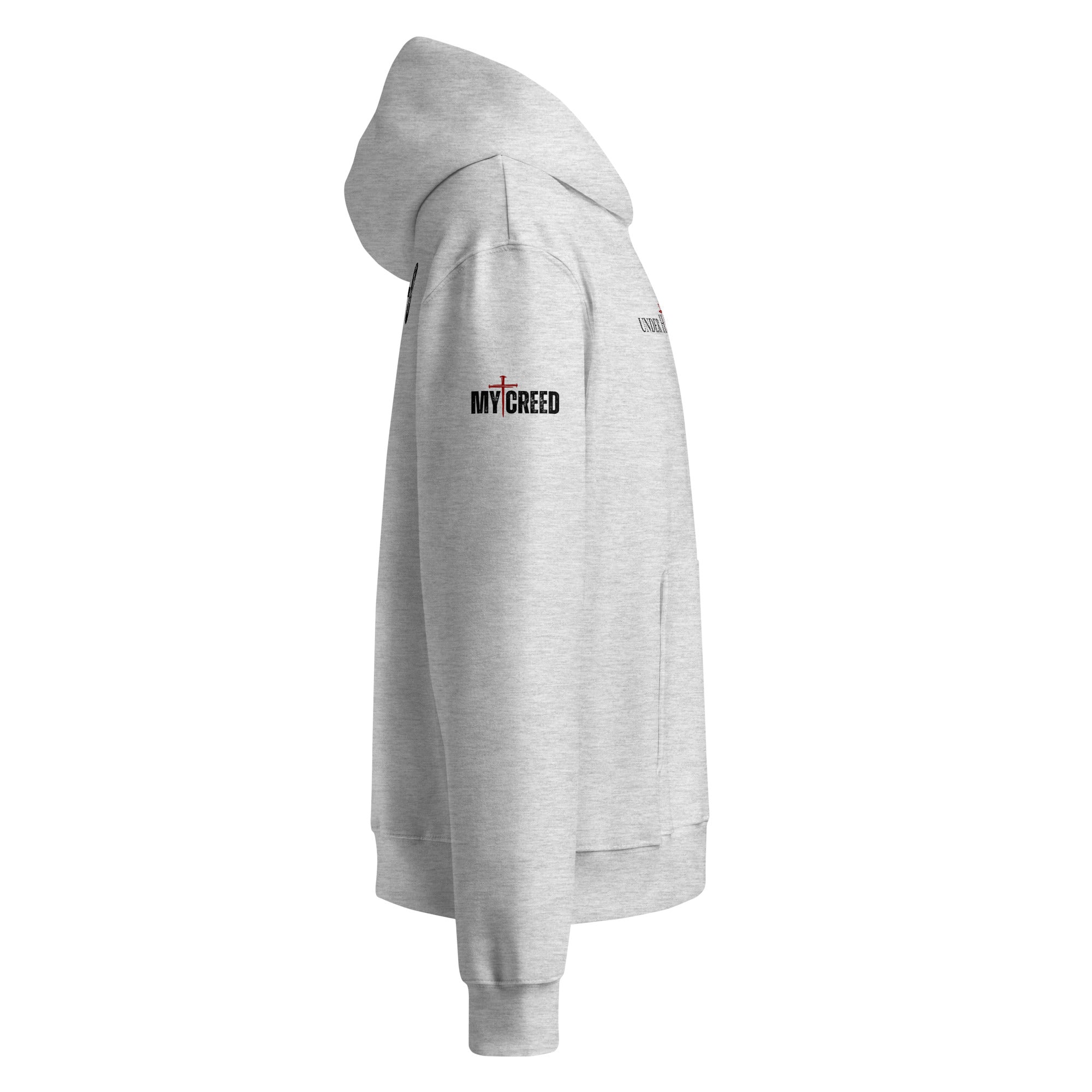 Side profile of athletic heather hoodie showing relaxed unisex fit and hood shape, by MyCreed™