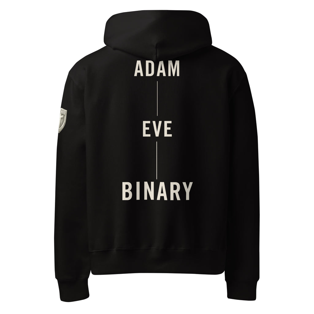 Binary By Creation Hoodie in black with "Adam Eve Binary" back print by MyCreed™