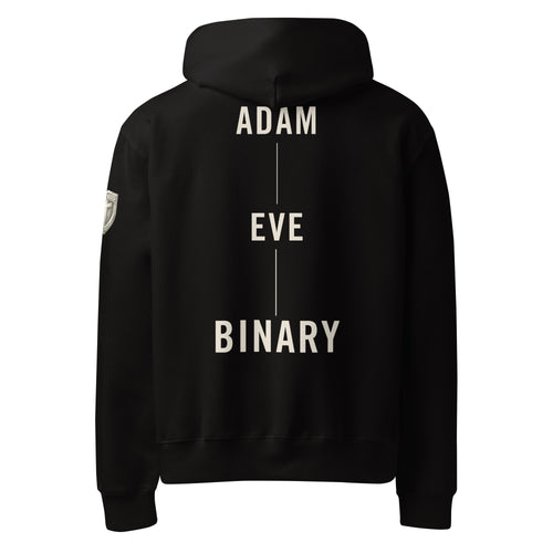 Binary By Creation Hoodie in black with "Adam Eve Binary" back print by MyCreed™
