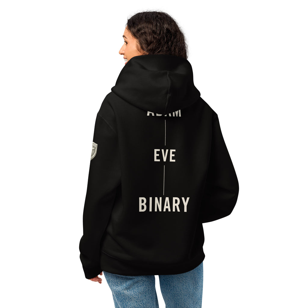 Binary By Creation Hoodie worn by female model back view in black by MyCreed™