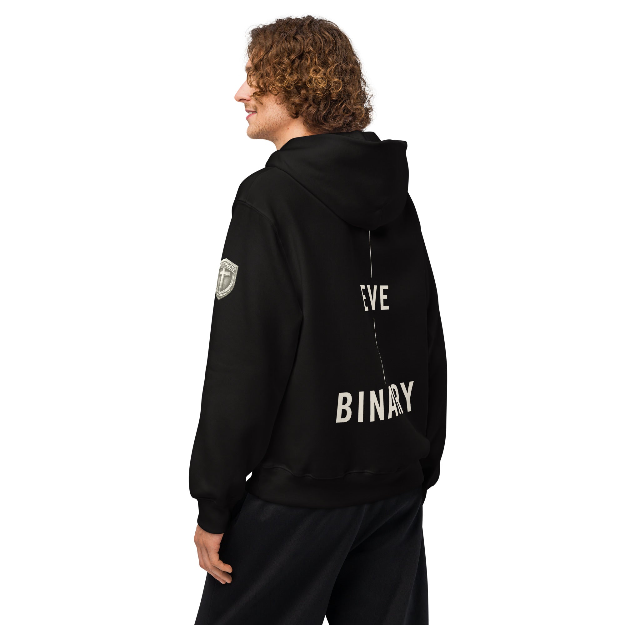 Binary By Creation Hoodie worn by male model back view in black by MyCreed™