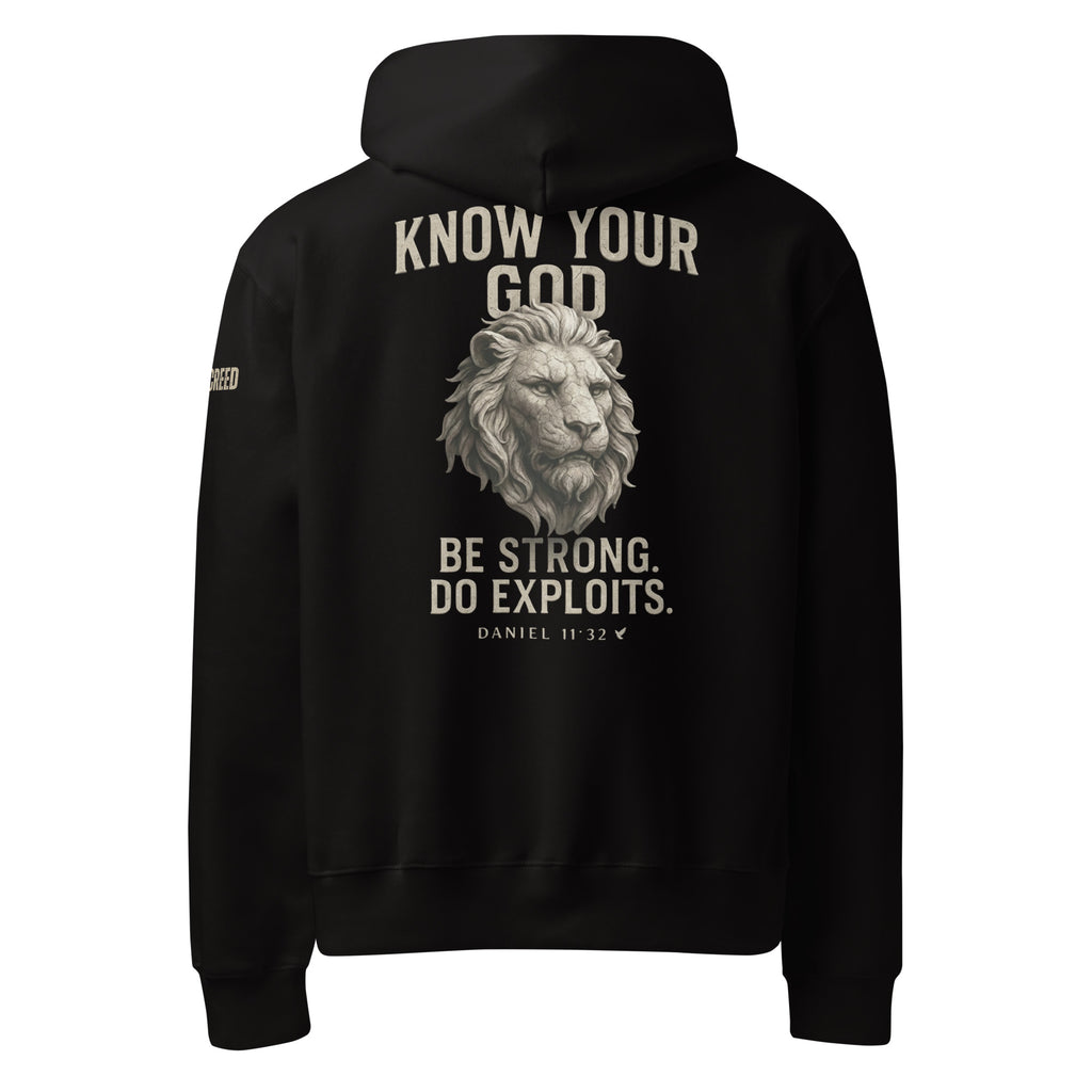 Back view Know Your God black hoodie with stone lion graphic and Daniel 11:32 scripture design by MyCreed™