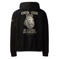 Back view Know Your God black hoodie with stone lion graphic and Daniel 11:32 scripture design by MyCreed™
