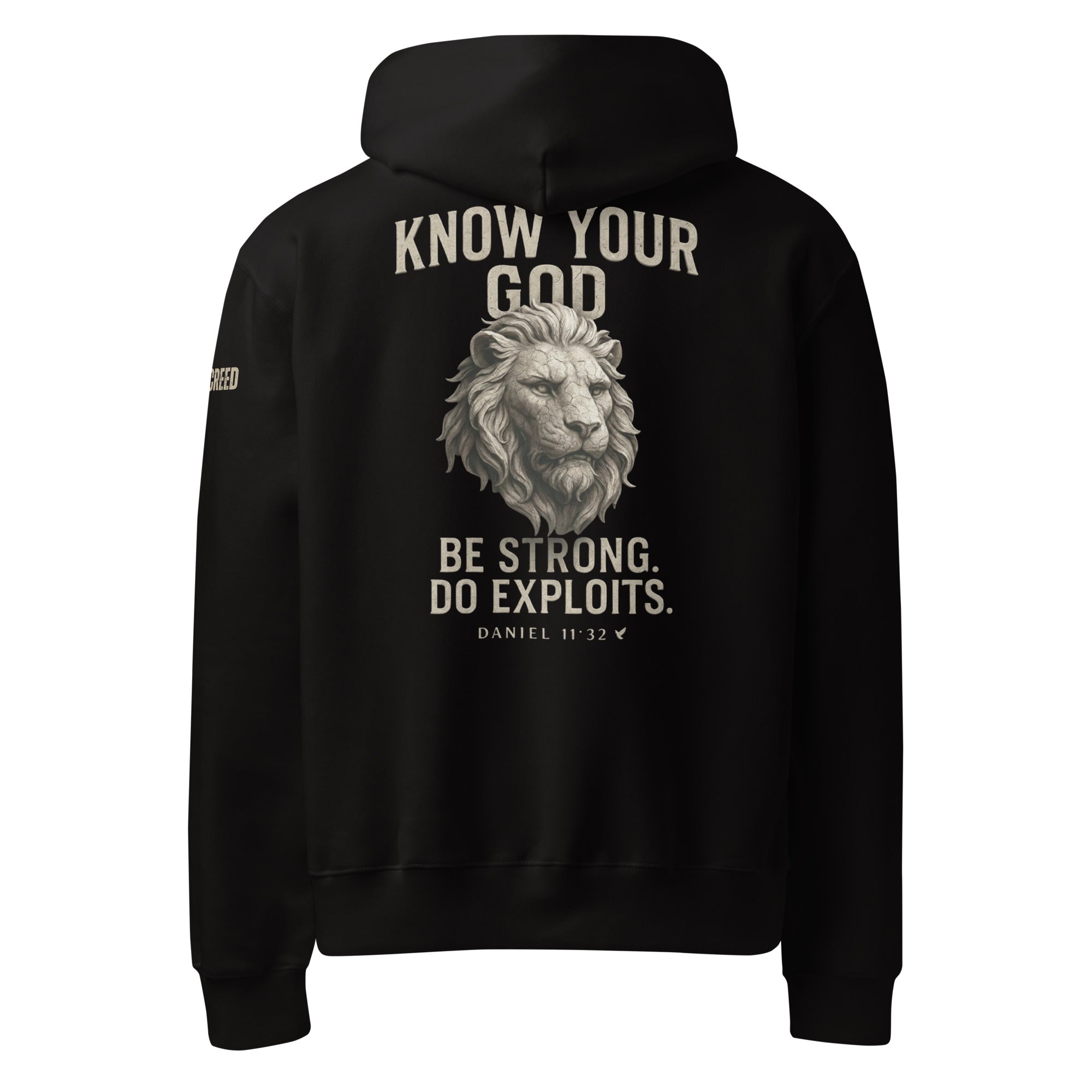 Back view Know Your God black hoodie with stone lion graphic and Daniel 11:32 scripture design by MyCreed™