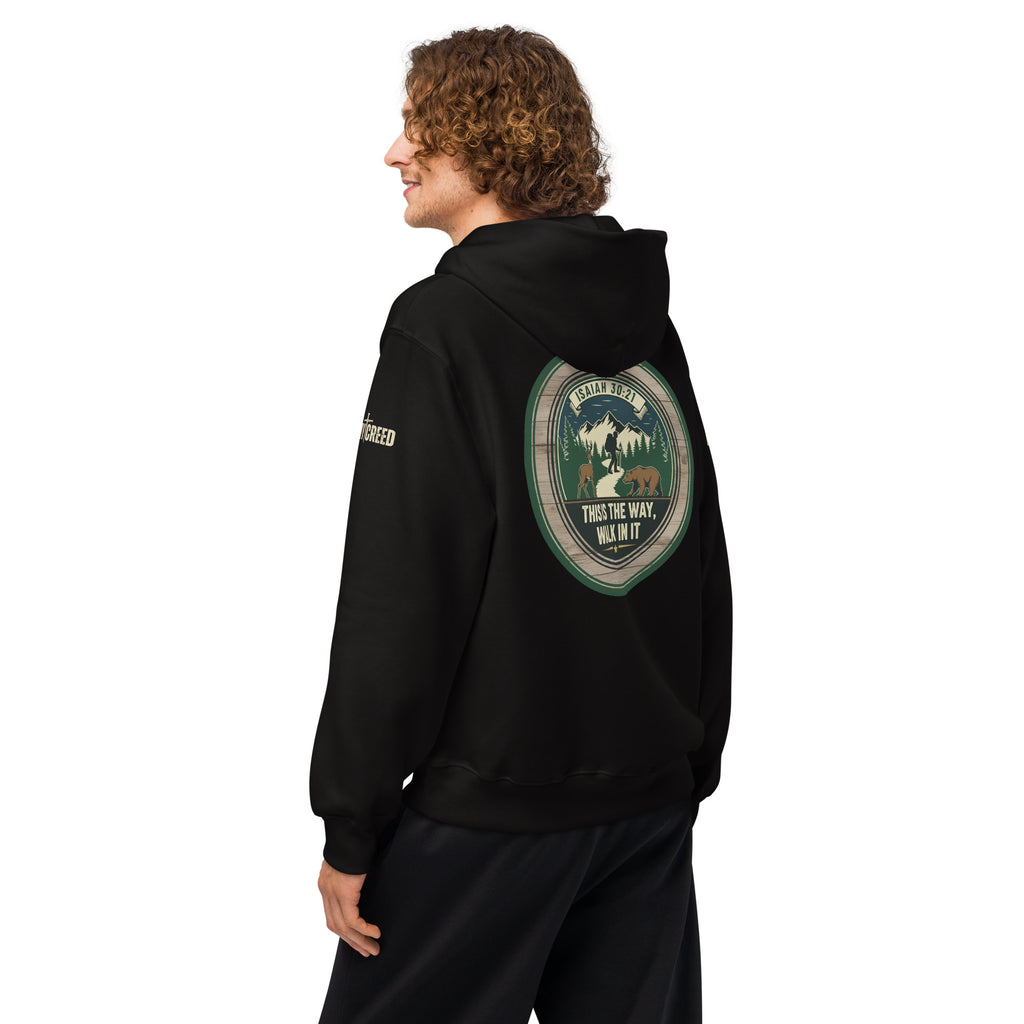 Alternate side angle of black hoodie emphasizing minimalist faith-driven style, by MyCreed™