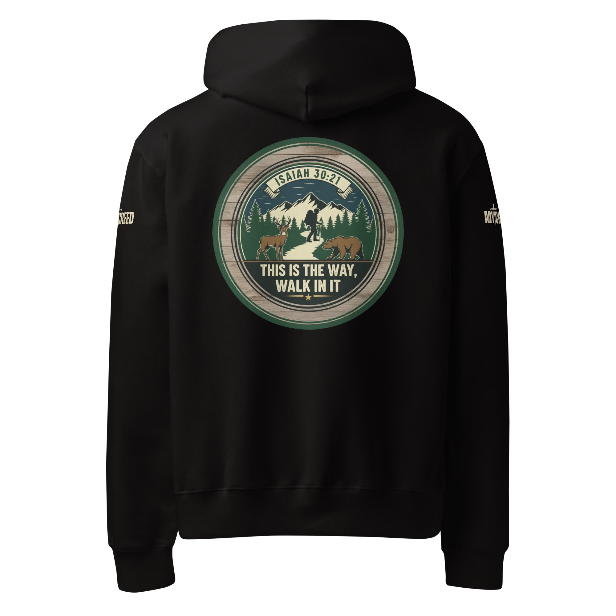 Back view of black hoodie with bold circular Isaiah 30:21 scripture design, by MyCreed™