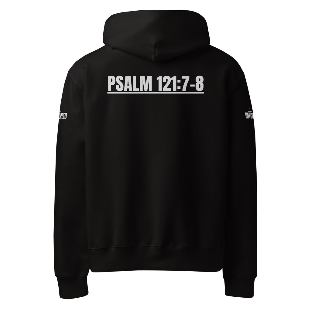 Back view of black hoodie featuring scripture typography placed high between shoulders, by MyCreed™