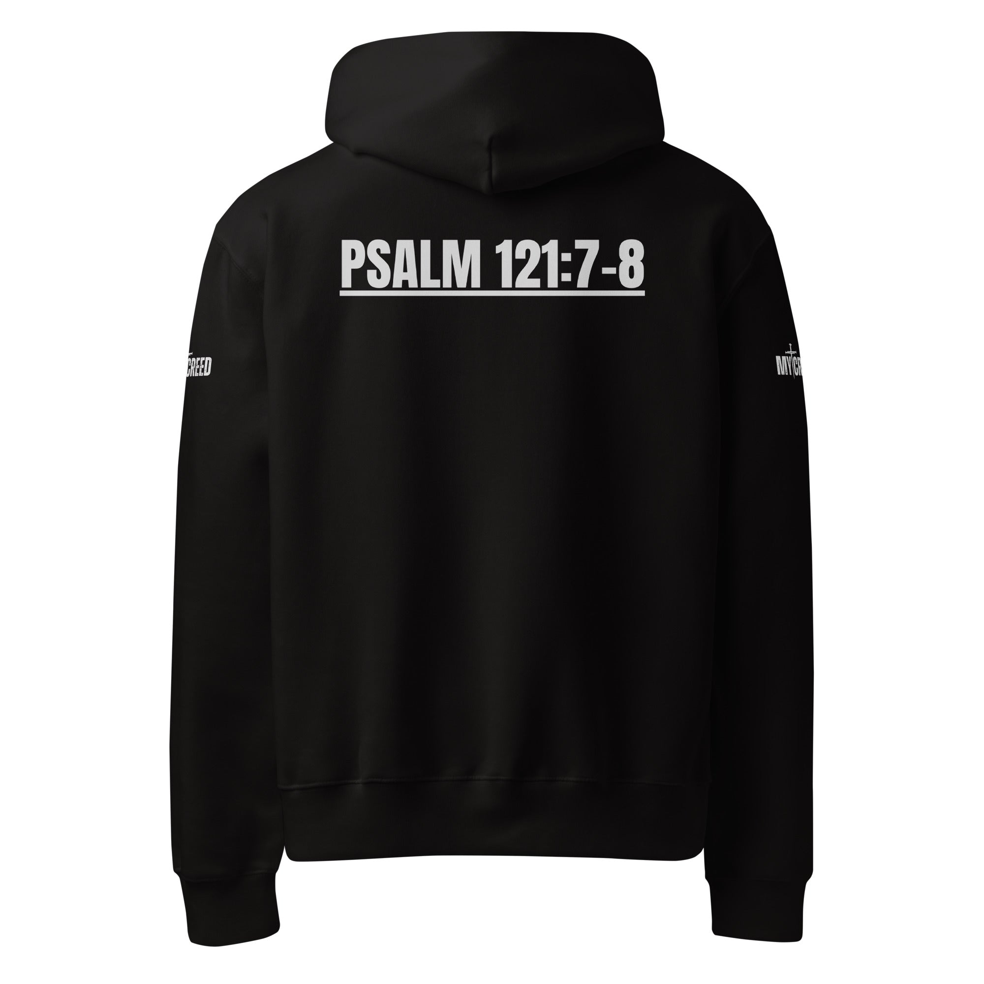 Back view of black hoodie featuring scripture typography placed high between shoulders, by MyCreed™