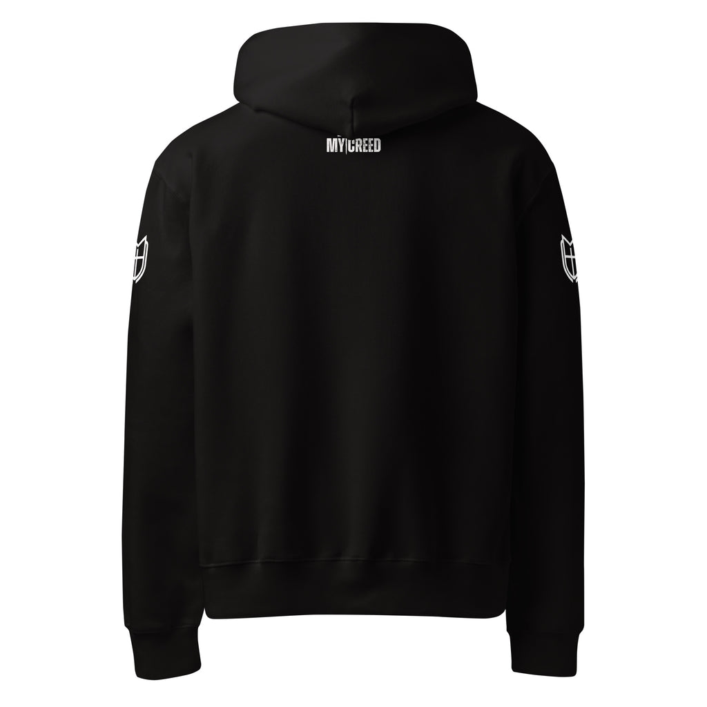 Back view of black Bella + Canvas 4719 hoodie showing clean minimalist construction, by MyCreed™