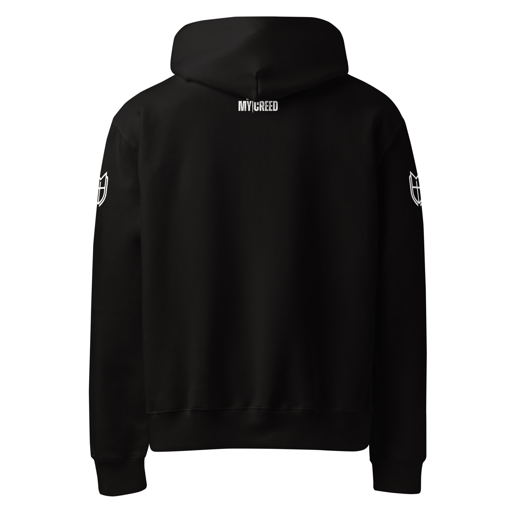 Back view of black Bella + Canvas 4719 hoodie showing clean minimalist construction, by MyCreed™