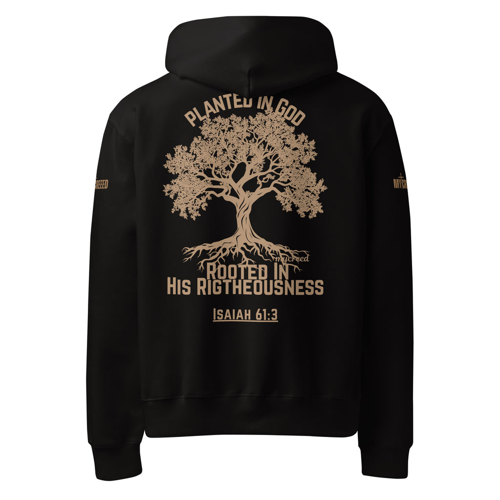 Black pullover hoodie back view with Planted in God tree graphic and Isaiah 61:3 by MyCreed™