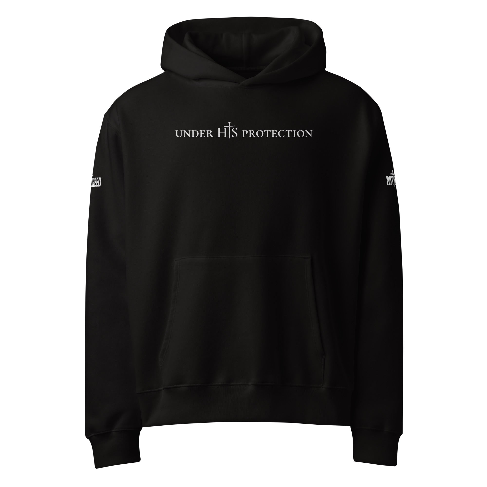 Black unisex hoodie front view with subtle “Under His Protection” text design on chest, by MyCreed™