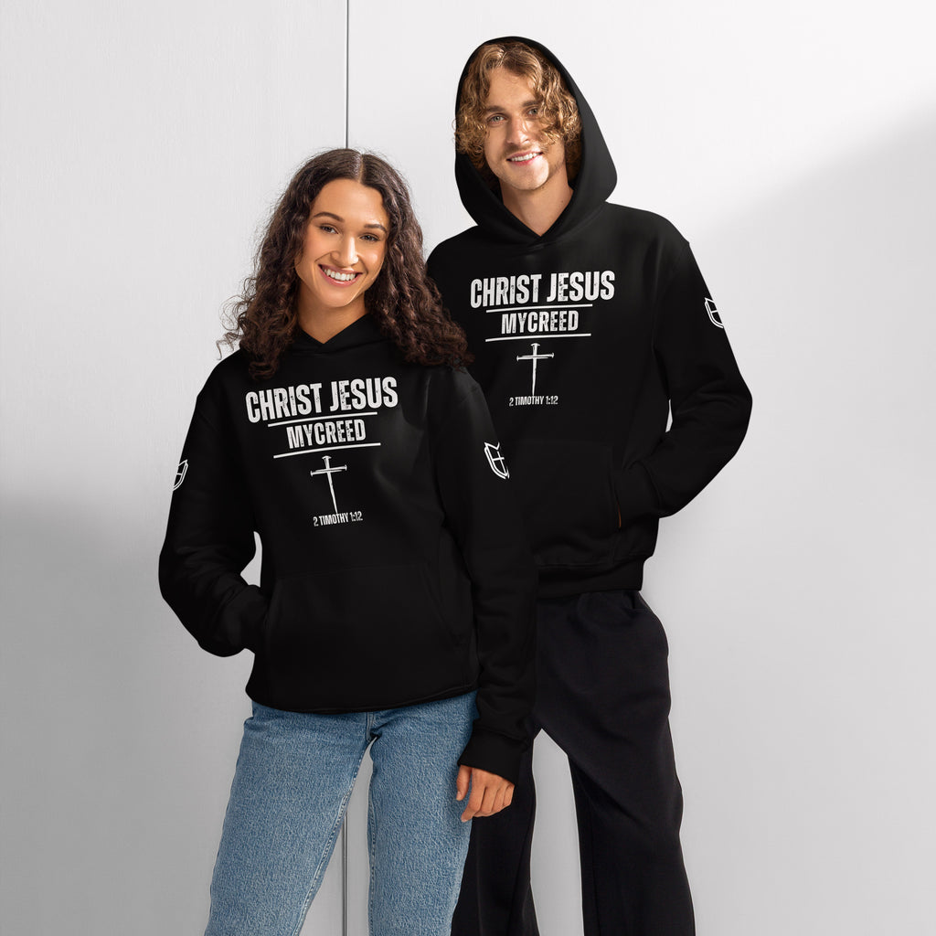 Black Bella + Canvas 4719 hoodies worn by male and female models expressing faith-forward streetwear, by MyCreed™