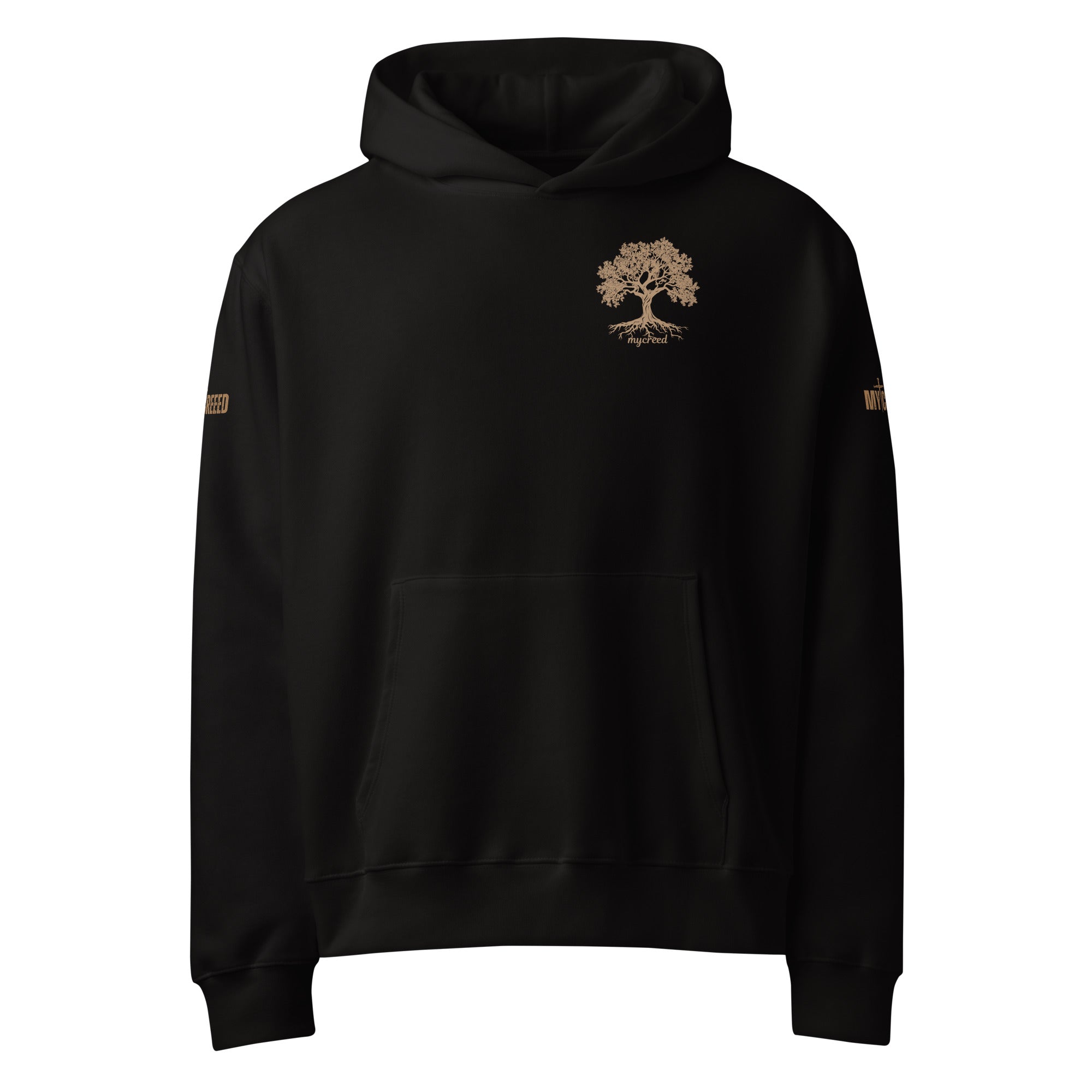 Black pullover hoodie front view showing small left-chest tree emblem by MyCreed™