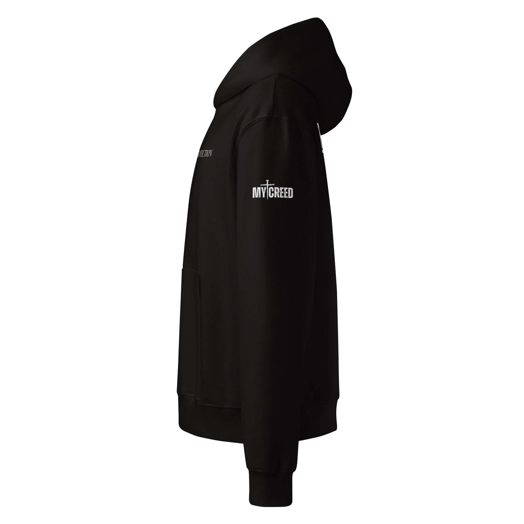 Side view of black unisex hoodie highlighting clean silhouette and sleeve length, by MyCreed™