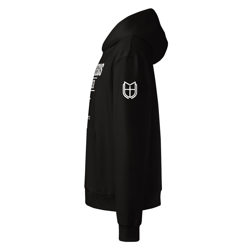 Side view of black Bella + Canvas 4719 hoodie highlighting sleeve detail and relaxed fit, by MyCreed™