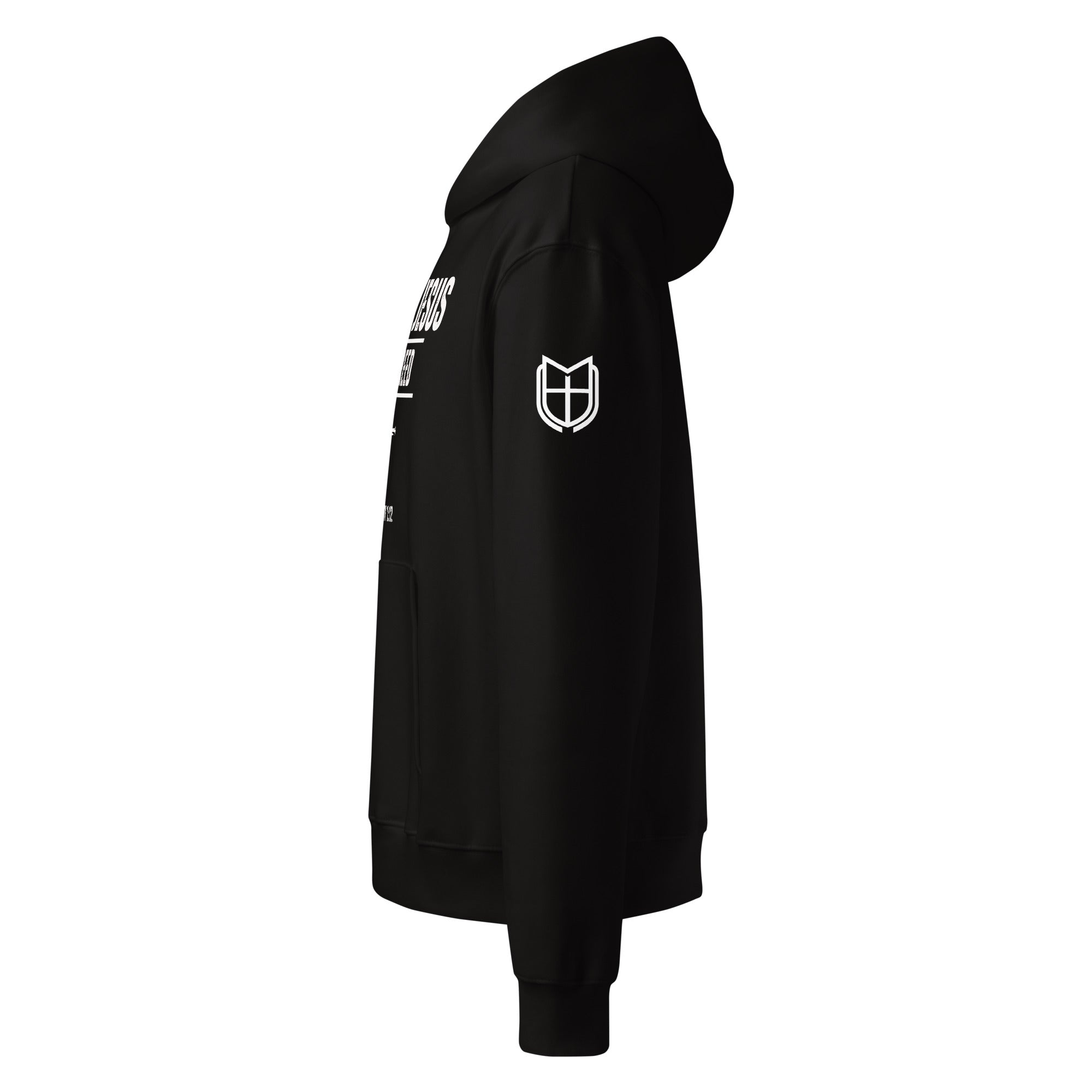 Side view of black Bella + Canvas 4719 hoodie highlighting sleeve detail and relaxed fit, by MyCreed™