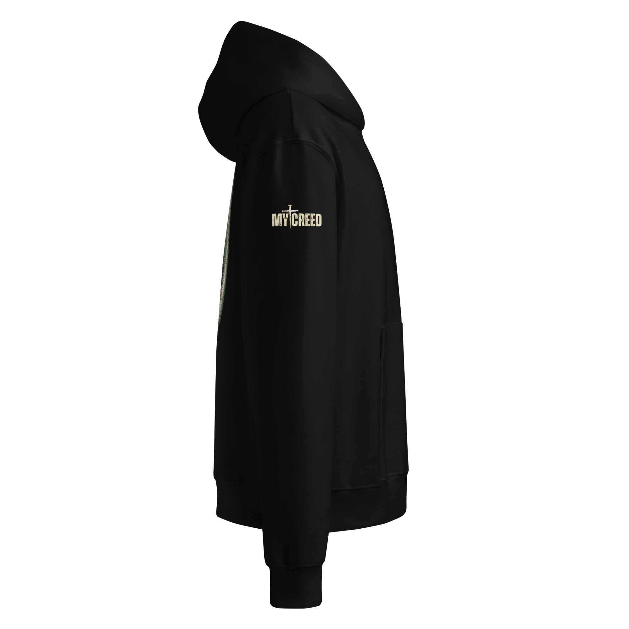 Side view of black This Is The Way hoodie showing clean lines and modern fit, by MyCreed™