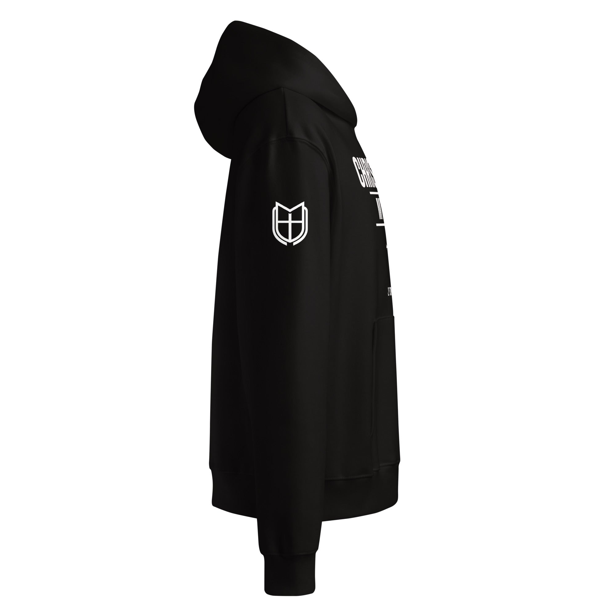 Alternate side view of black Bella + Canvas 4719 hoodie highlighting sleeve detail and relaxed fit, by MyCreed™