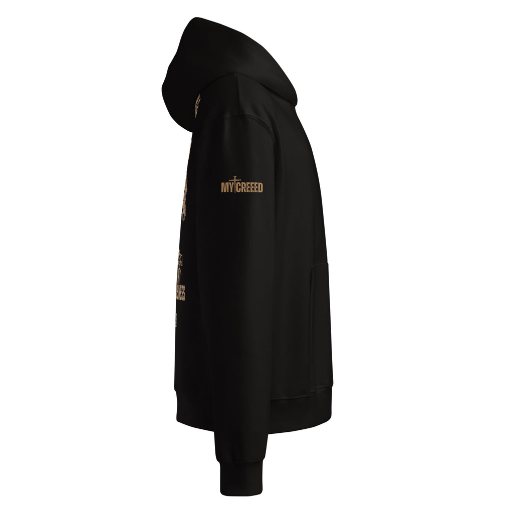 Black pullover hoodie right side profile with sleeve print detail by MyCreed™