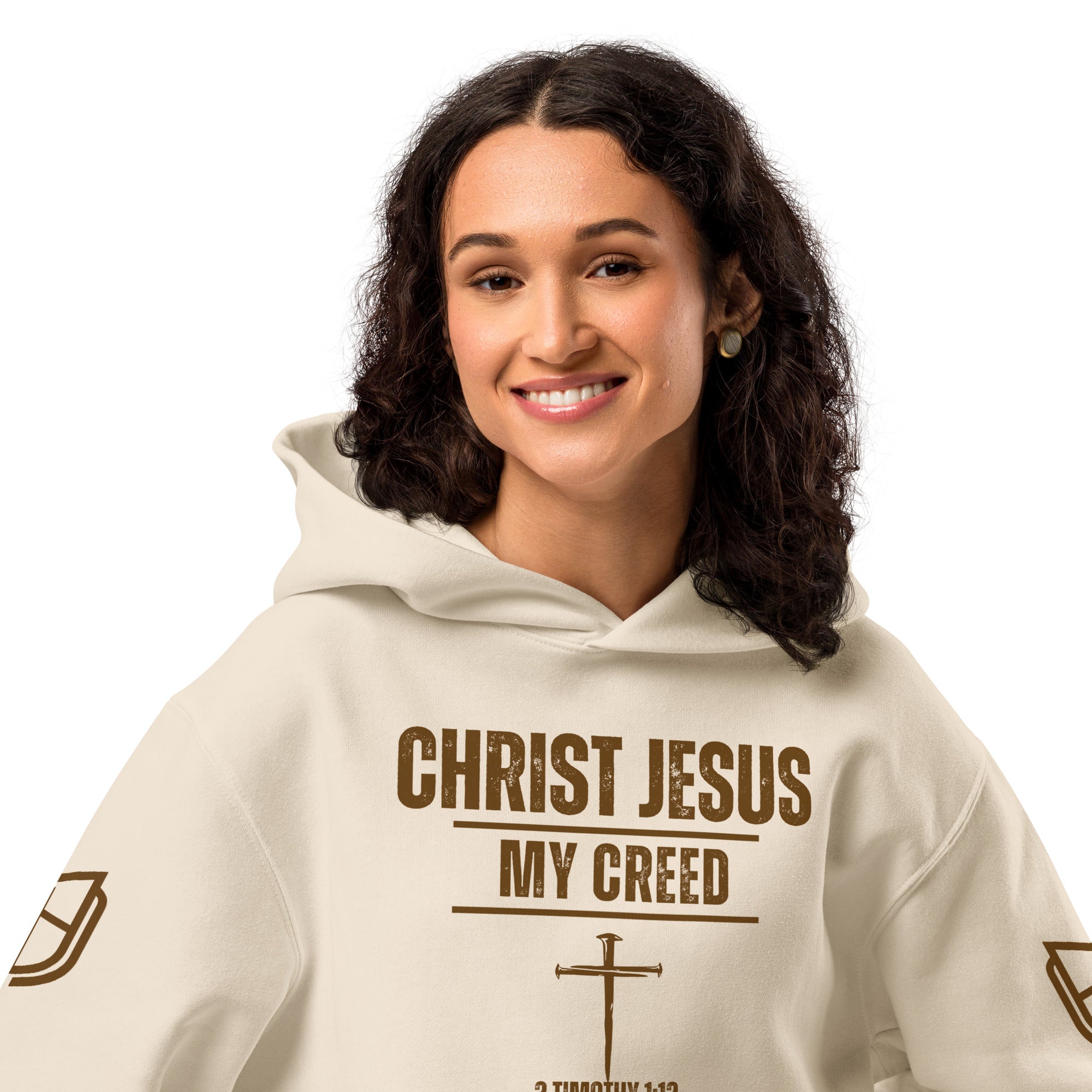 Dust Bella + Canvas 4719 hoodie worn by female model with Christ Jesus | My Creed design, by MyCreed™
