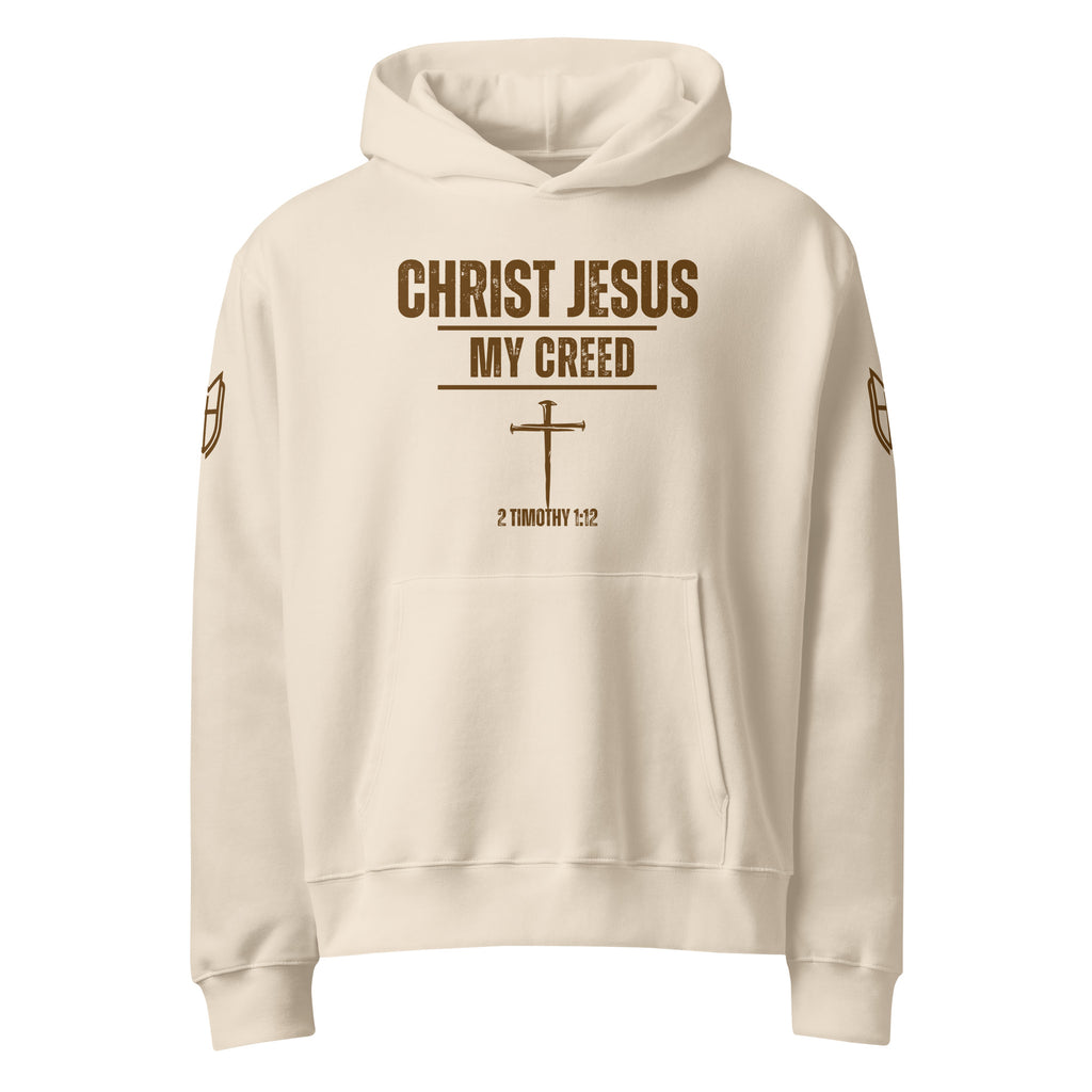 Natural color Bella + Canvas 4719 hoodie featuring the Christ Jesus | My Creed faith design on the front, by MyCreed™
