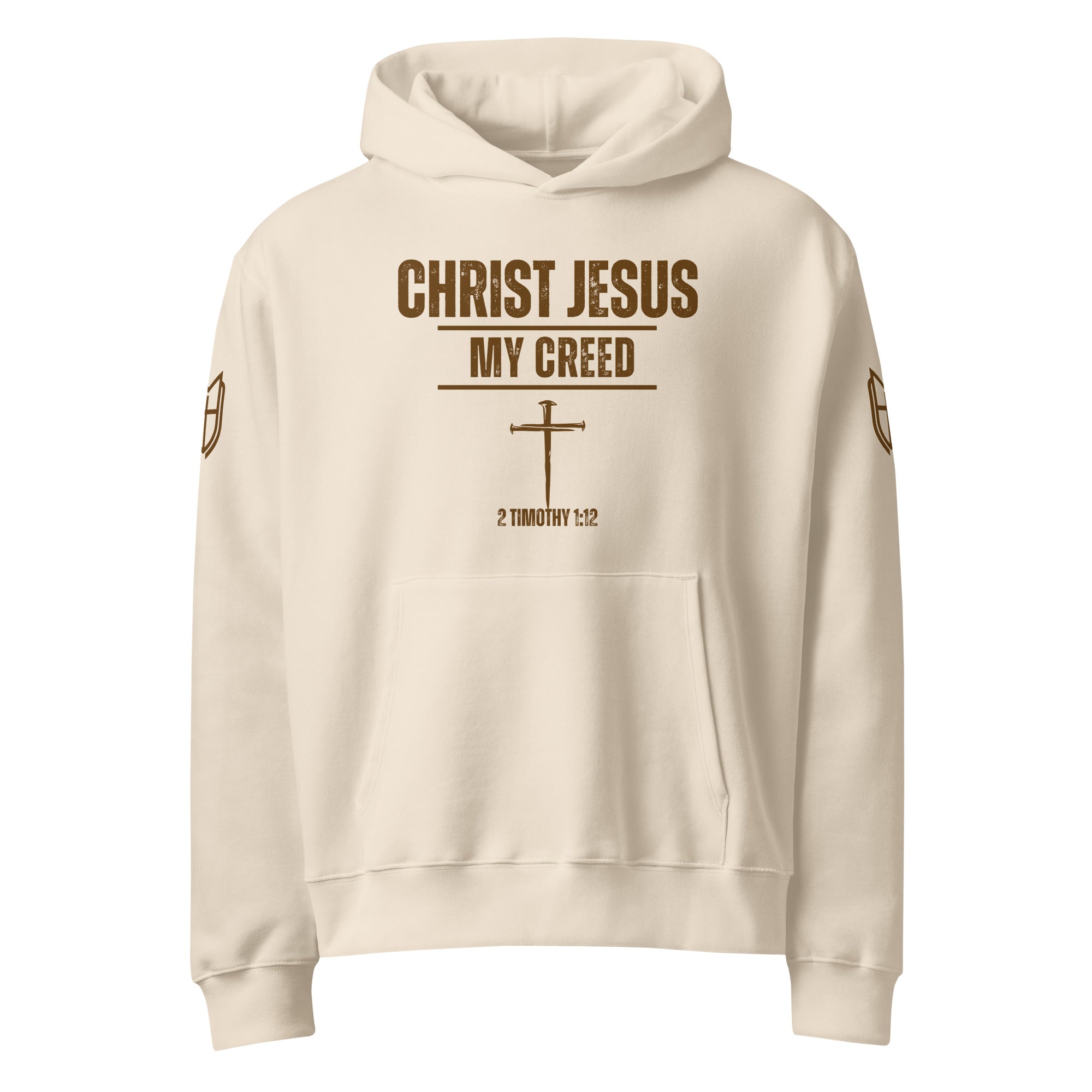 Natural color Bella + Canvas 4719 hoodie featuring the Christ Jesus | My Creed faith design on the front, by MyCreed™