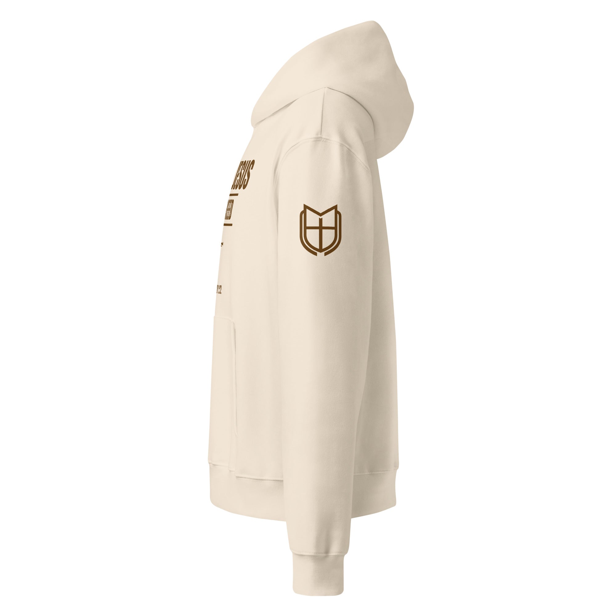 Side view of dust Bella + Canvas 4719 hoodie emphasizing relaxed unisex silhouette, by MyCreed™