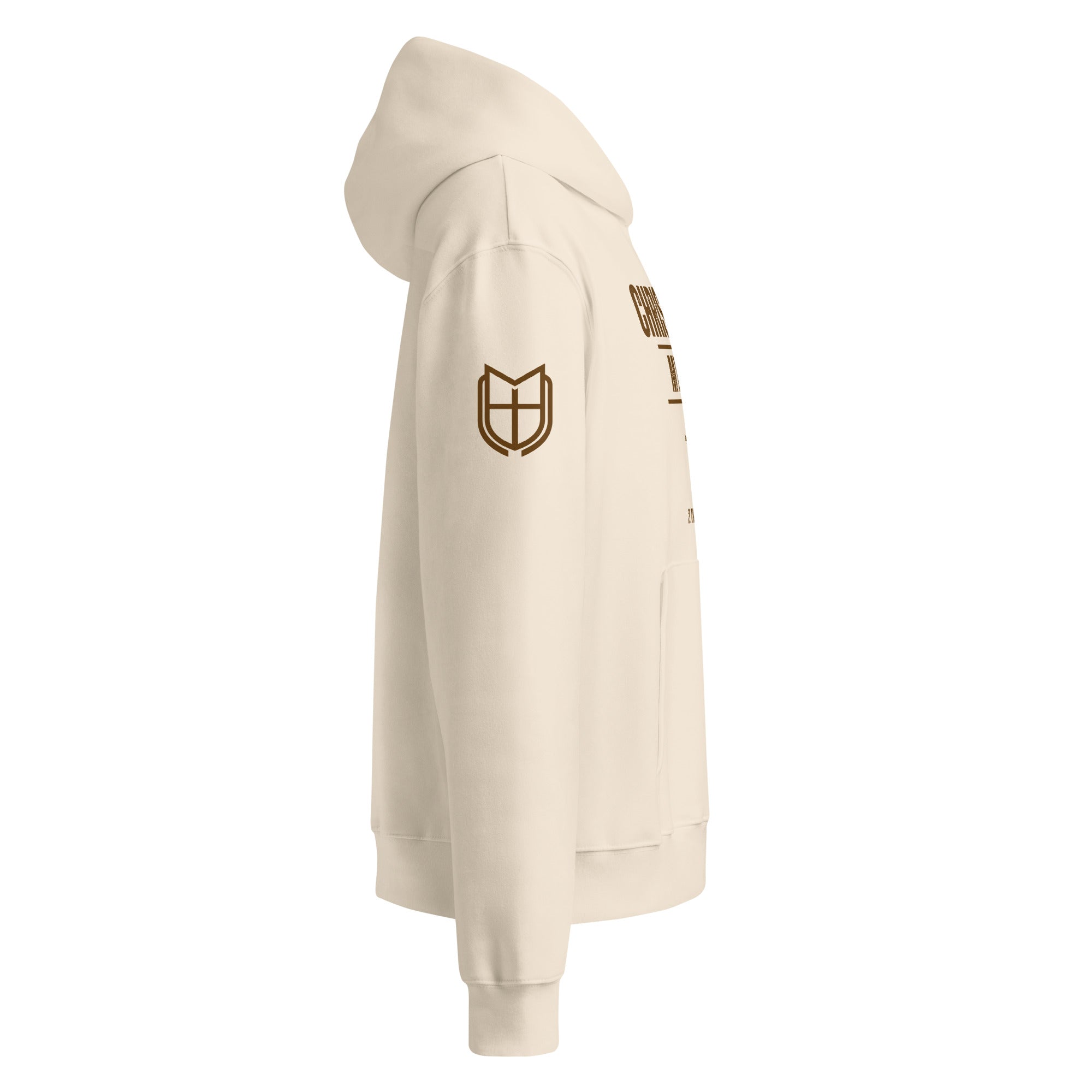 Alternate side view of dust Bella + Canvas 4719 hoodie emphasizing relaxed unisex silhouette, by MyCreed™