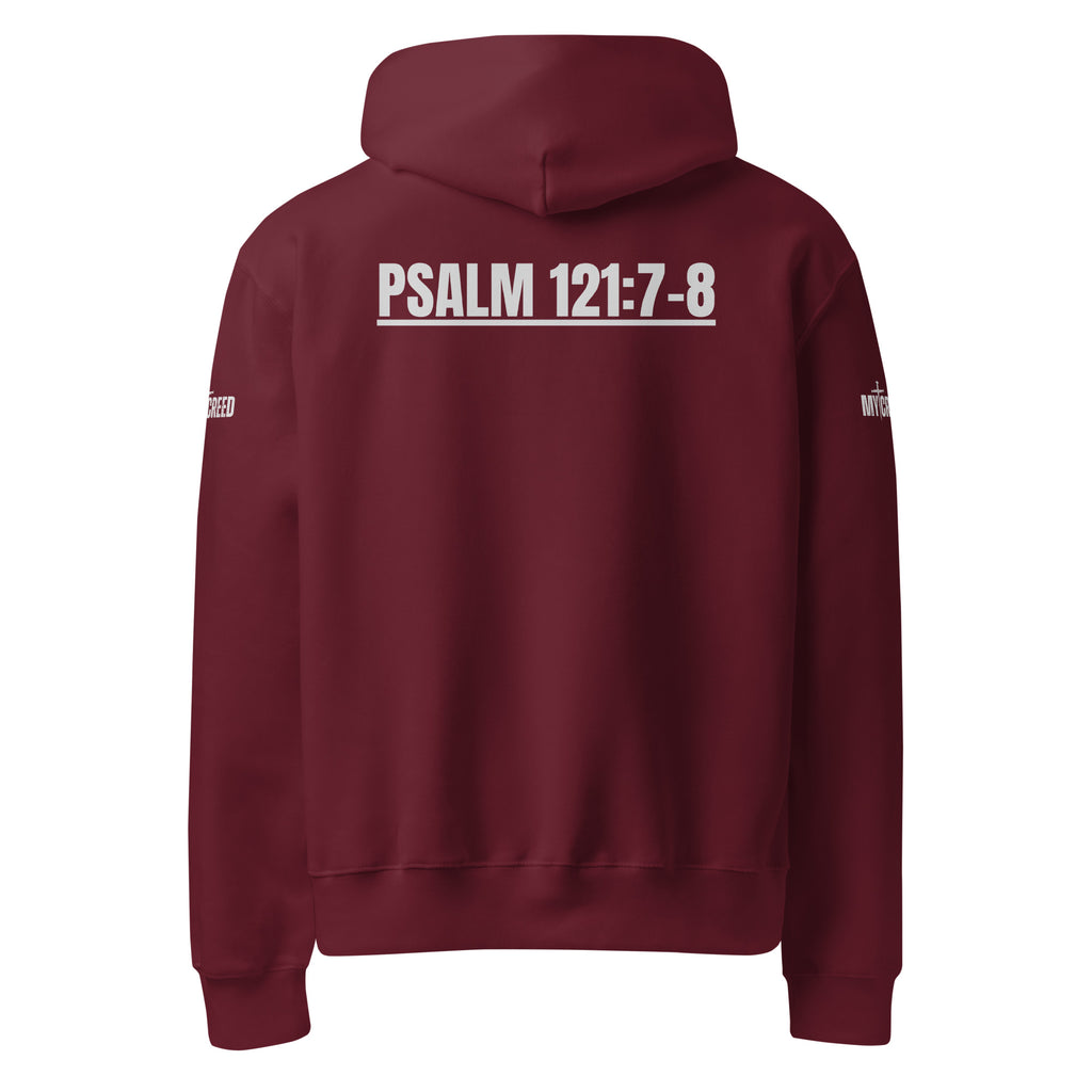 Back view of maroon hoodie displaying centered “Psalm 121:7–8” typography across upper back, by MyCreed™