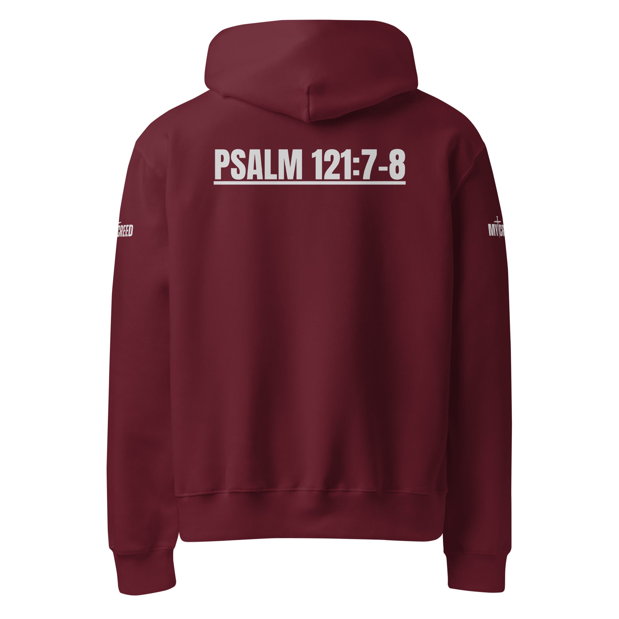Back view of maroon hoodie displaying centered “Psalm 121:7–8” typography across upper back, by MyCreed™