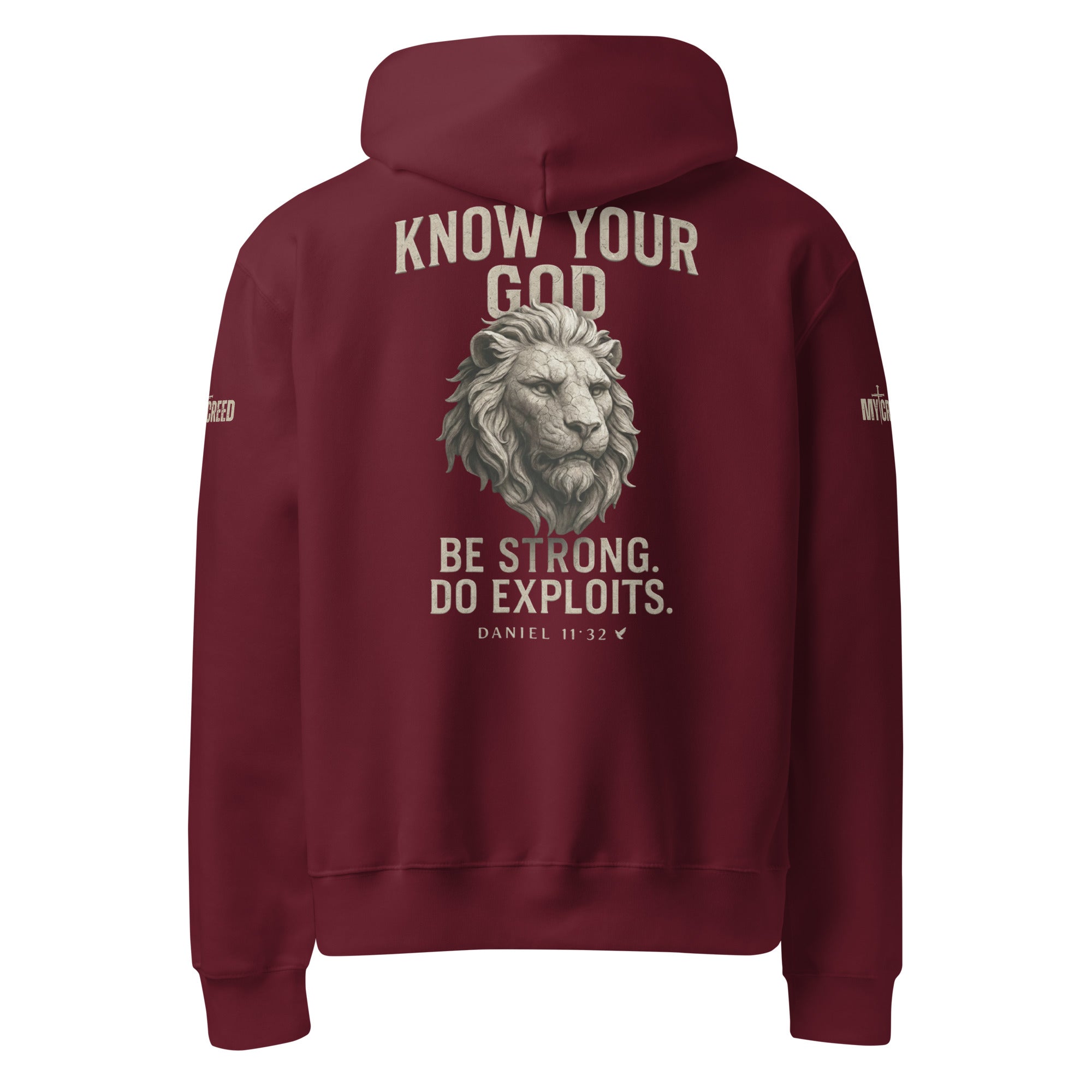 Back view Know Your God maroon hoodie with stone lion graphic and Daniel 11:32 scripture design by MyCreed™