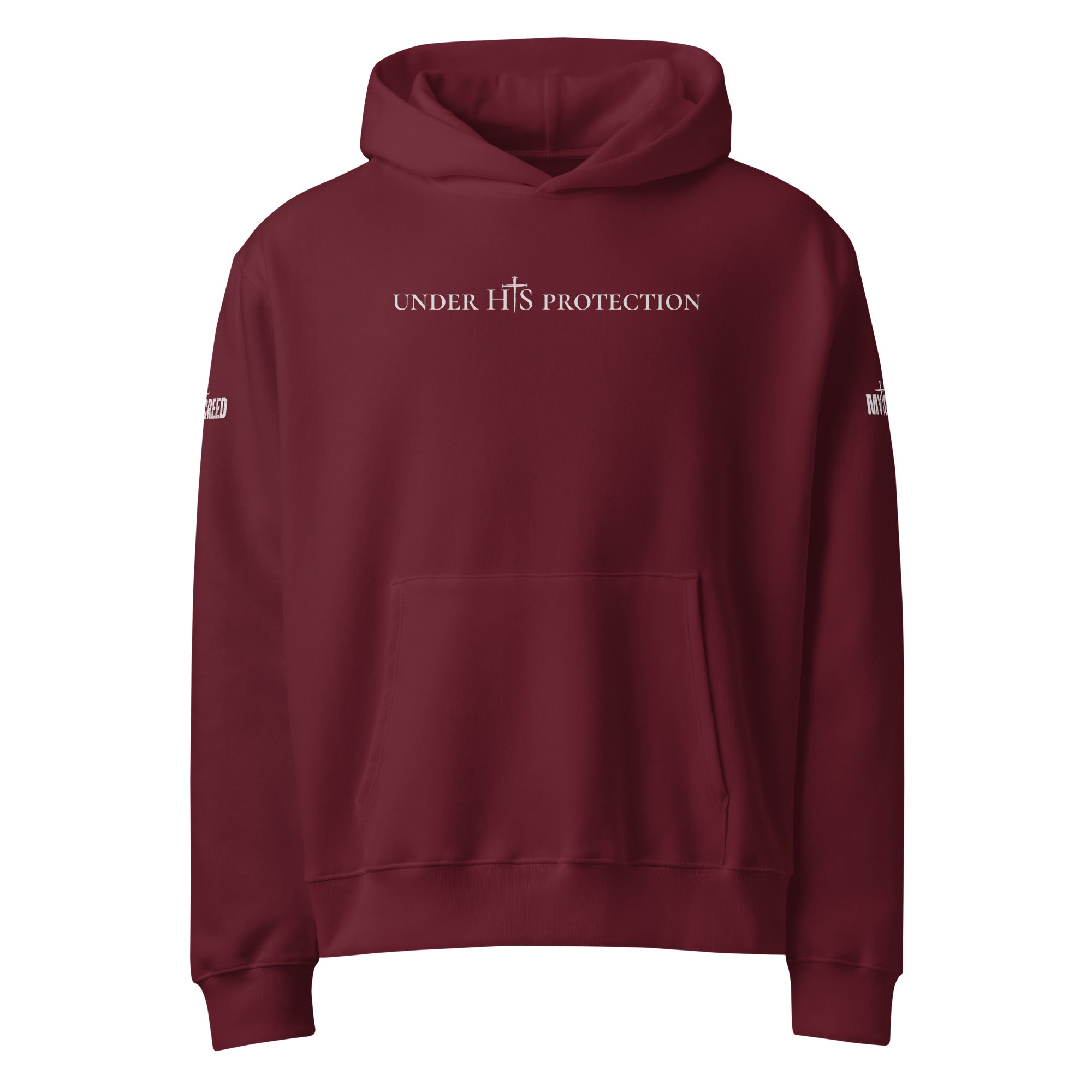 Maroon unisex hoodie front view featuring “Under His Protection” scripture text across chest, by MyCreed™