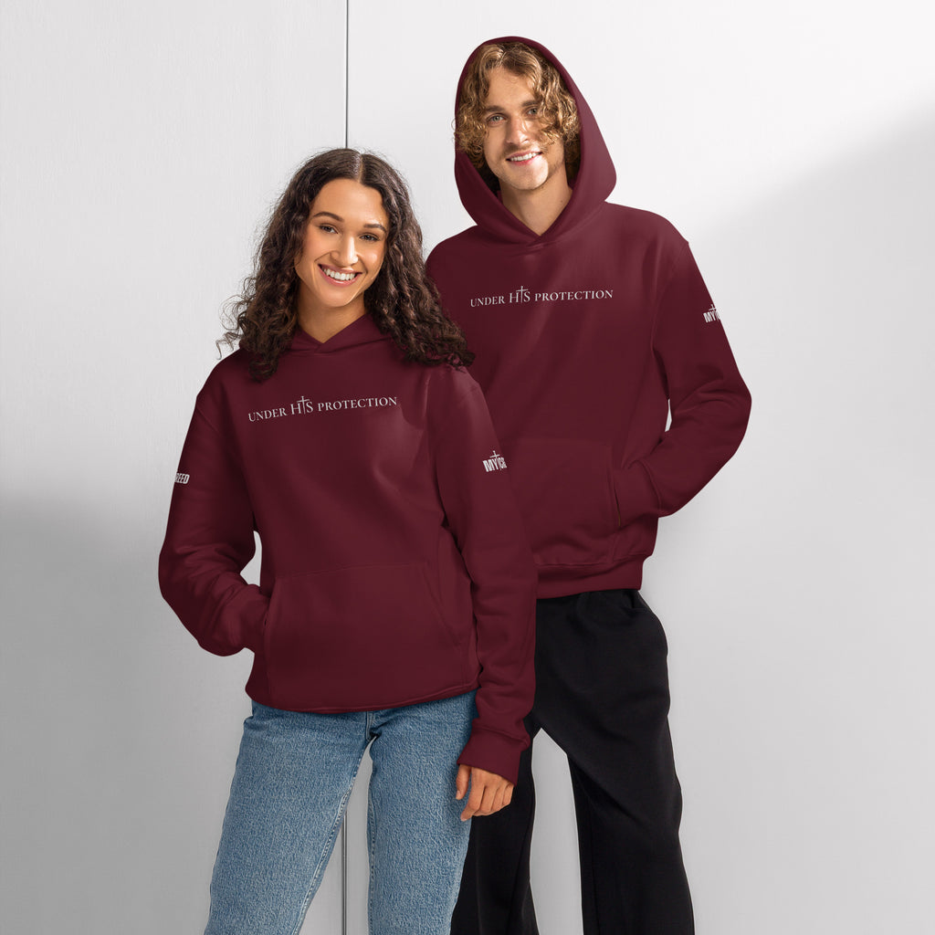 Lifestyle image of two models wearing maroon “Under His Protection” hoodies, by MyCreed™