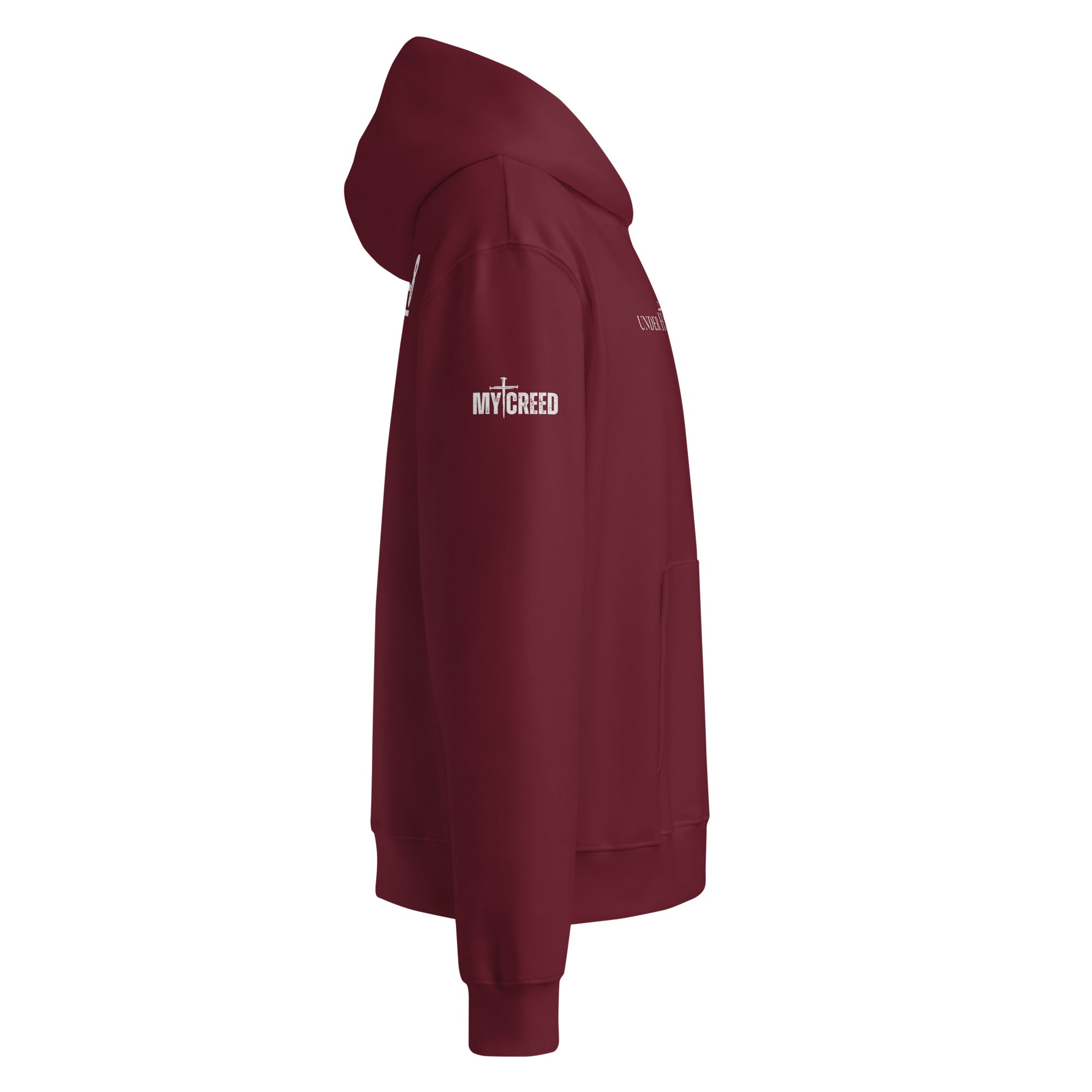 Right side view of maroon hoodie highlighting sleeve print detail and premium fabric weight, by MyCreed™