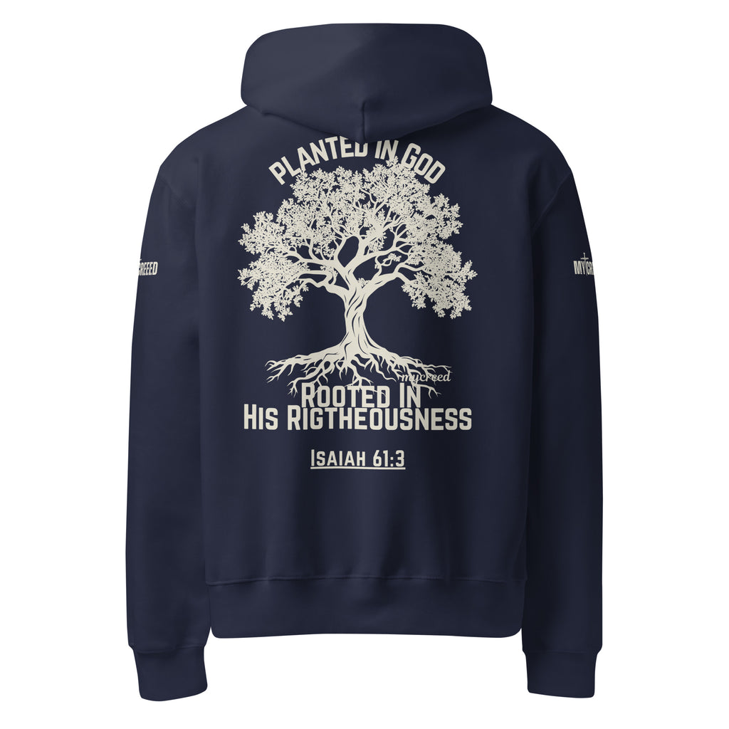 Navy pullover hoodie back view with Planted in God tree graphic and Isaiah 61:3 by MyCreed™