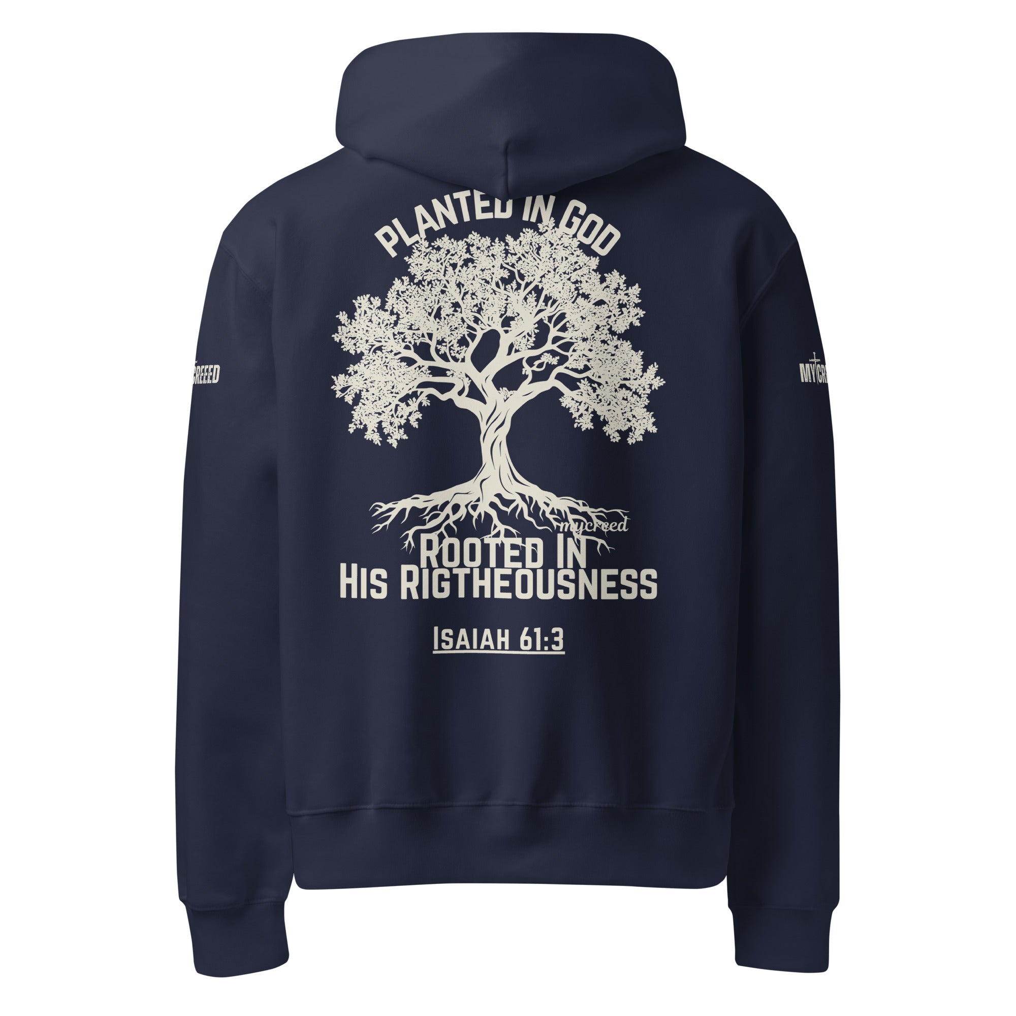 Navy pullover hoodie back view with Planted in God tree graphic and Isaiah 61:3 by MyCreed™