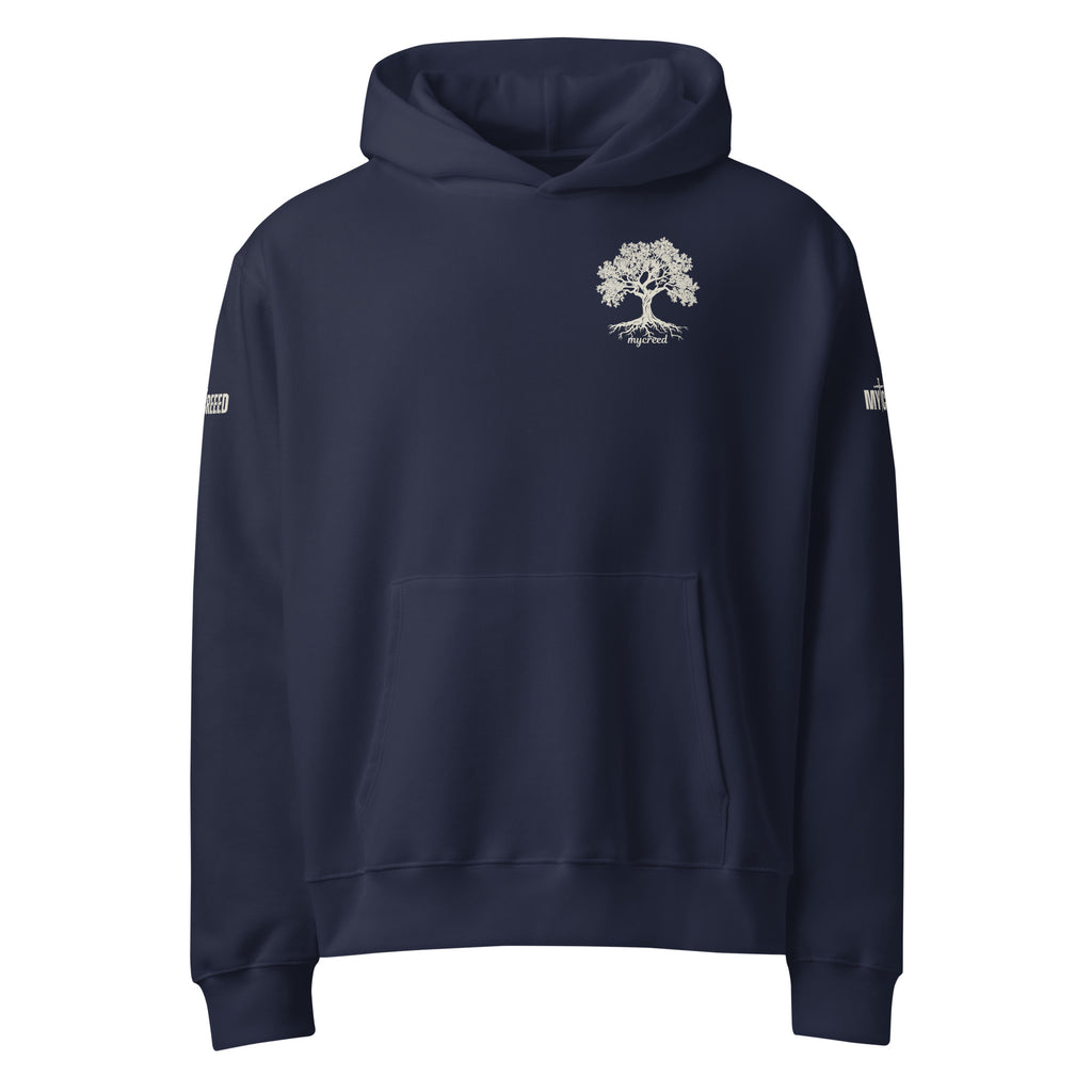 Navy pullover hoodie back view showing blank back with hood and collar seam detail by MyCreed™